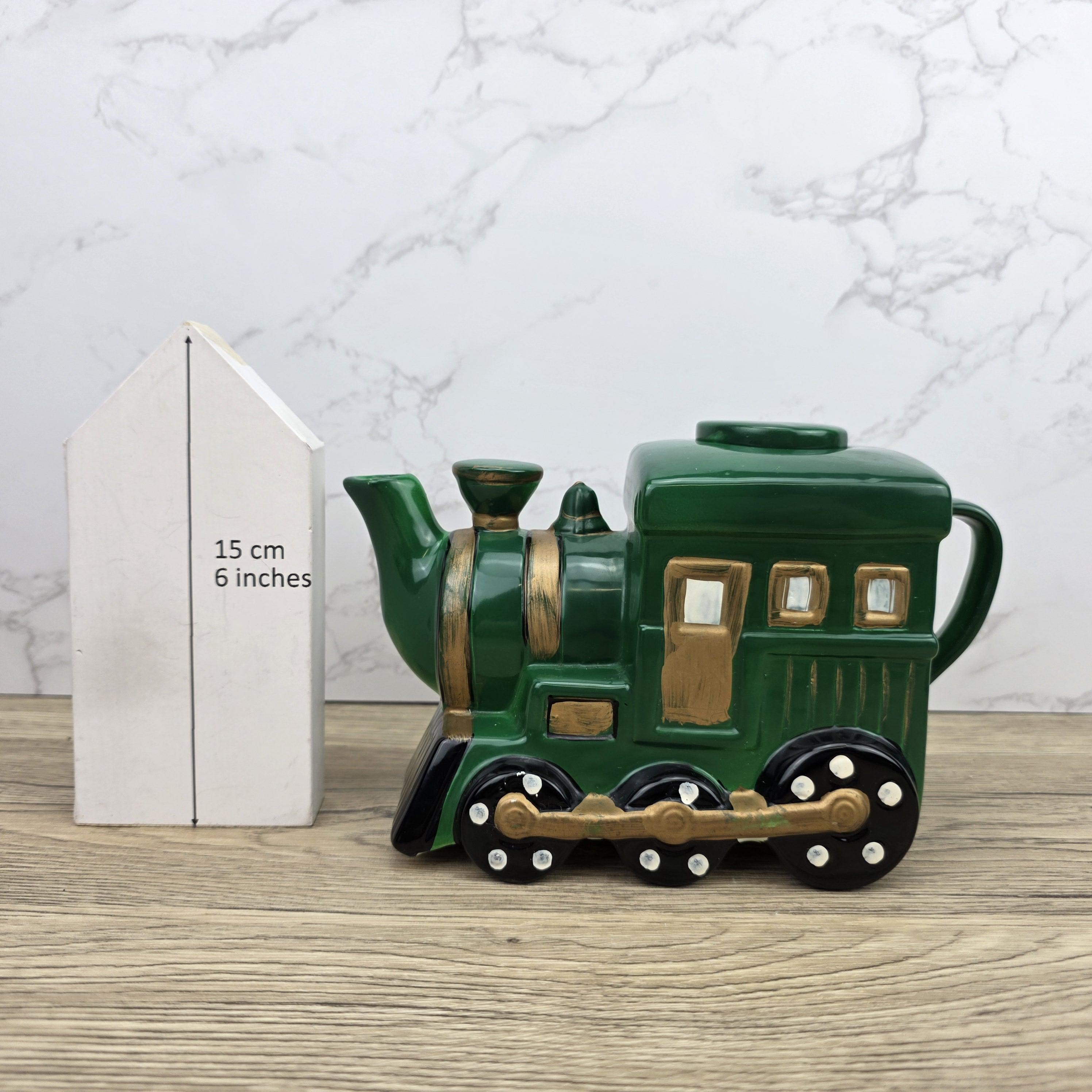 Locomotive Train Teapot Ceramic Novelty Kitchen Decor | Green Steam Engine Style | Hand Painted Details