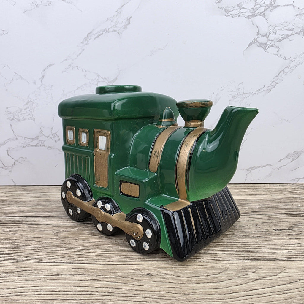 Locomotive Train Teapot Ceramic Novelty Kitchen Decor | Green Steam Engine Style | Hand Painted Details