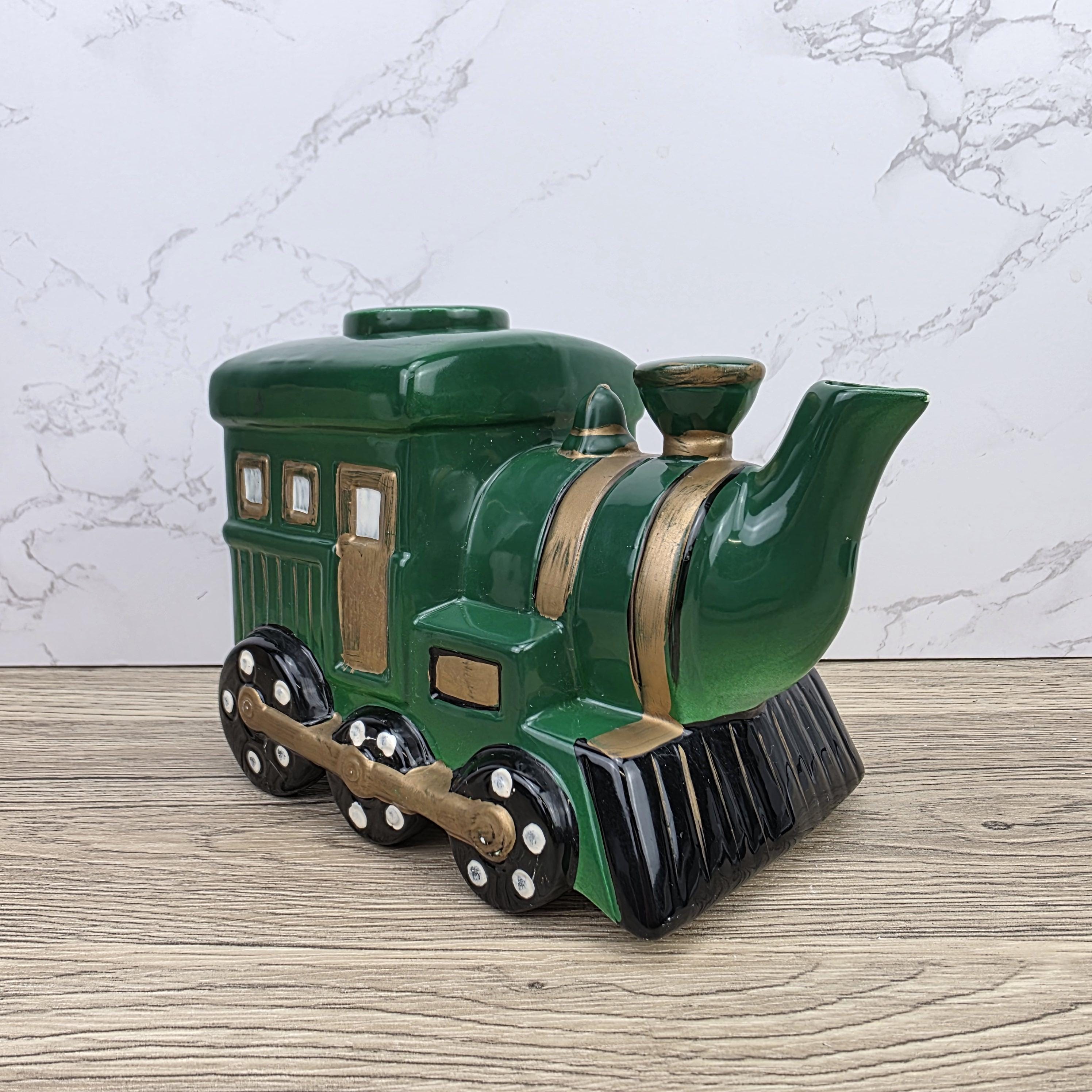 Locomotive Train Teapot Ceramic Novelty Kitchen Decor | Green Steam Engine Style | Hand Painted Details