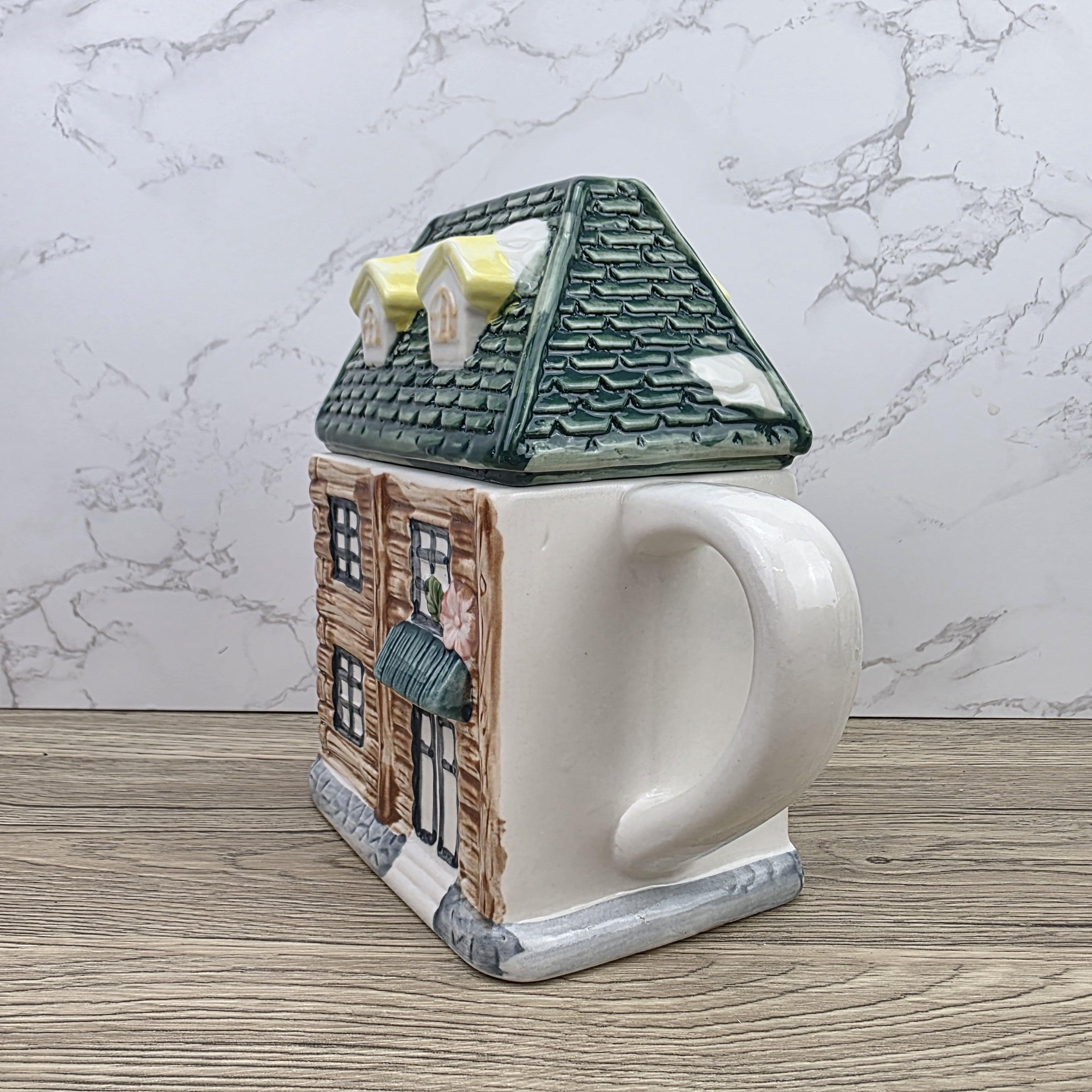 Ceramic Cottage House Teapot Vintage Kitchen Decor | Green Roof Cabin Style | Collectible Tea Serveware