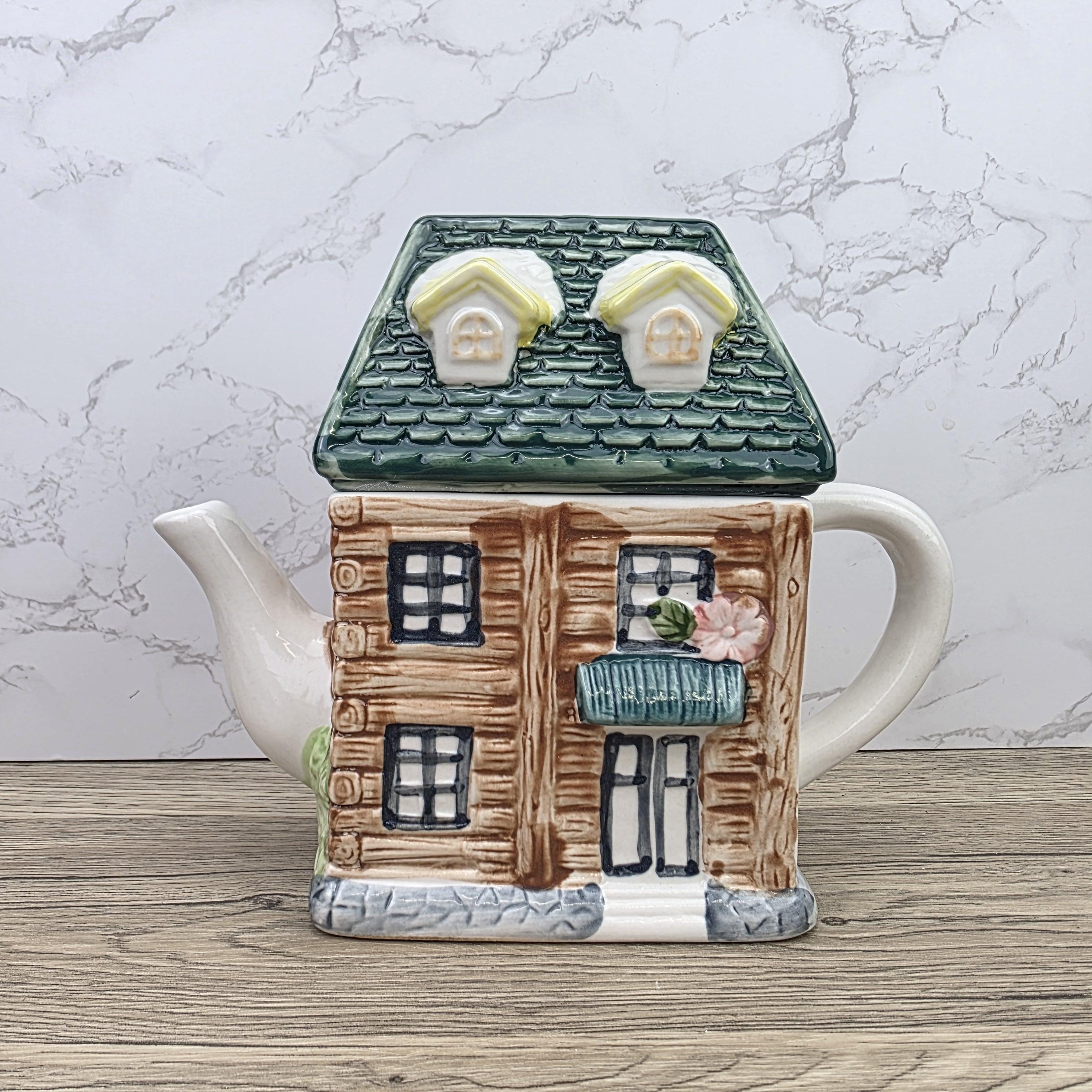 Ceramic Cottage House Teapot Vintage Kitchen Decor | Green Roof Cabin Style | Collectible Tea Serveware