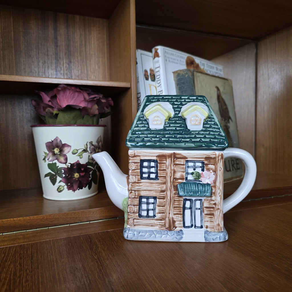Ceramic Cottage House Teapot Vintage Kitchen Decor | Green Roof Cabin Style | Collectible Tea Serveware