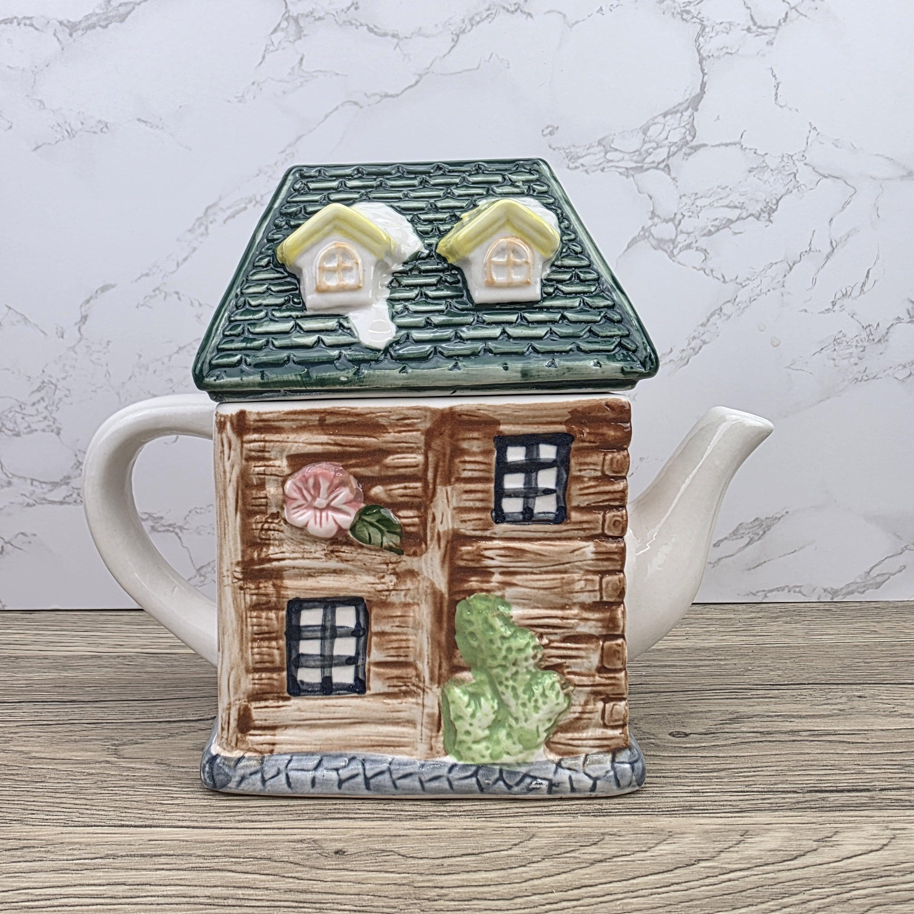 Ceramic Cottage House Teapot Vintage Kitchen Decor | Green Roof Cabin Style | Collectible Tea Serveware