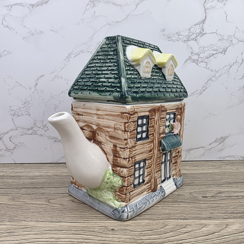 Ceramic Cottage House Teapot Vintage Kitchen Decor | Green Roof Cabin Style | Collectible Tea Serveware