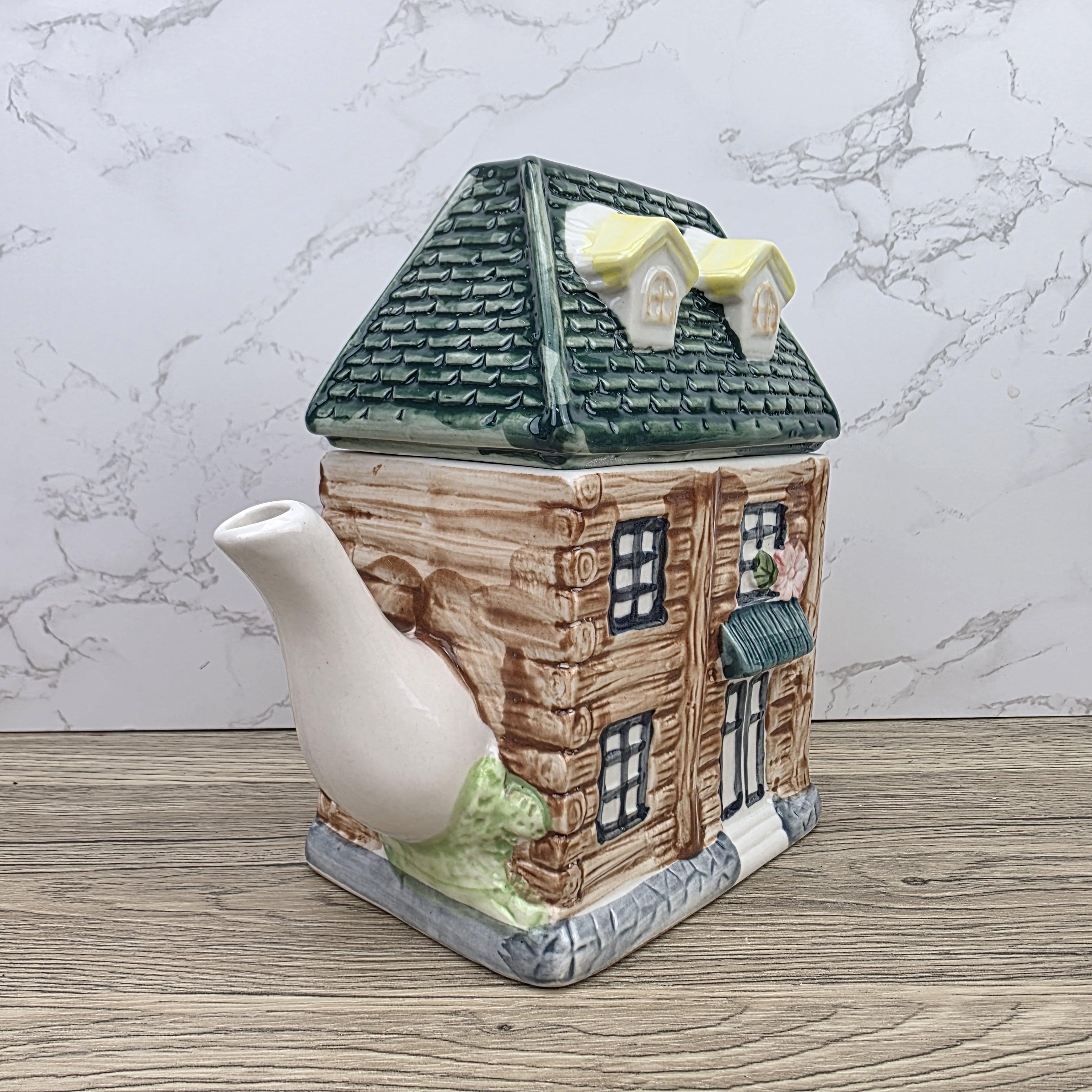 Ceramic Cottage House Teapot Vintage Kitchen Decor | Green Roof Cabin Style | Collectible Tea Serveware