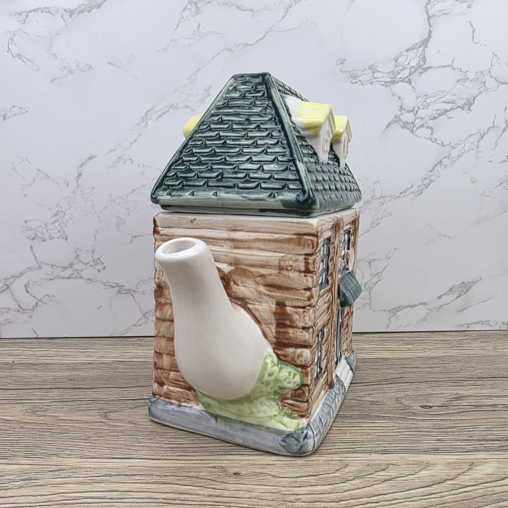 Ceramic Cottage House Teapot Vintage Kitchen Decor | Green Roof Cabin Style | Collectible Tea Serveware