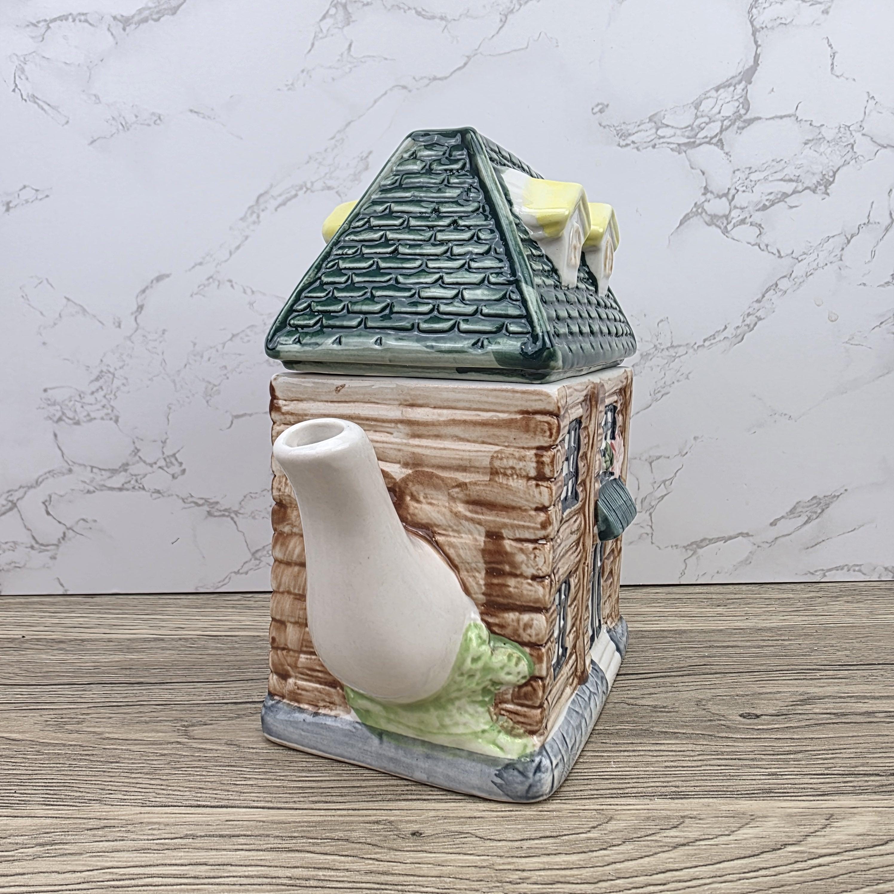 Ceramic Cottage House Teapot Vintage Kitchen Decor | Green Roof Cabin Style | Collectible Tea Serveware