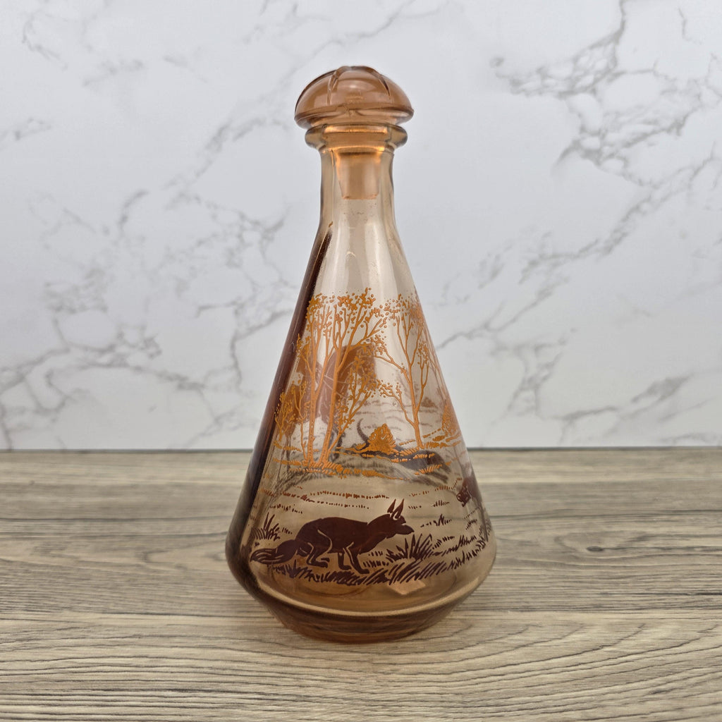 Vintage Amber Glass Decanter with Stopper | Fox Hunting Scene | Mid Century Bar Display Bottle