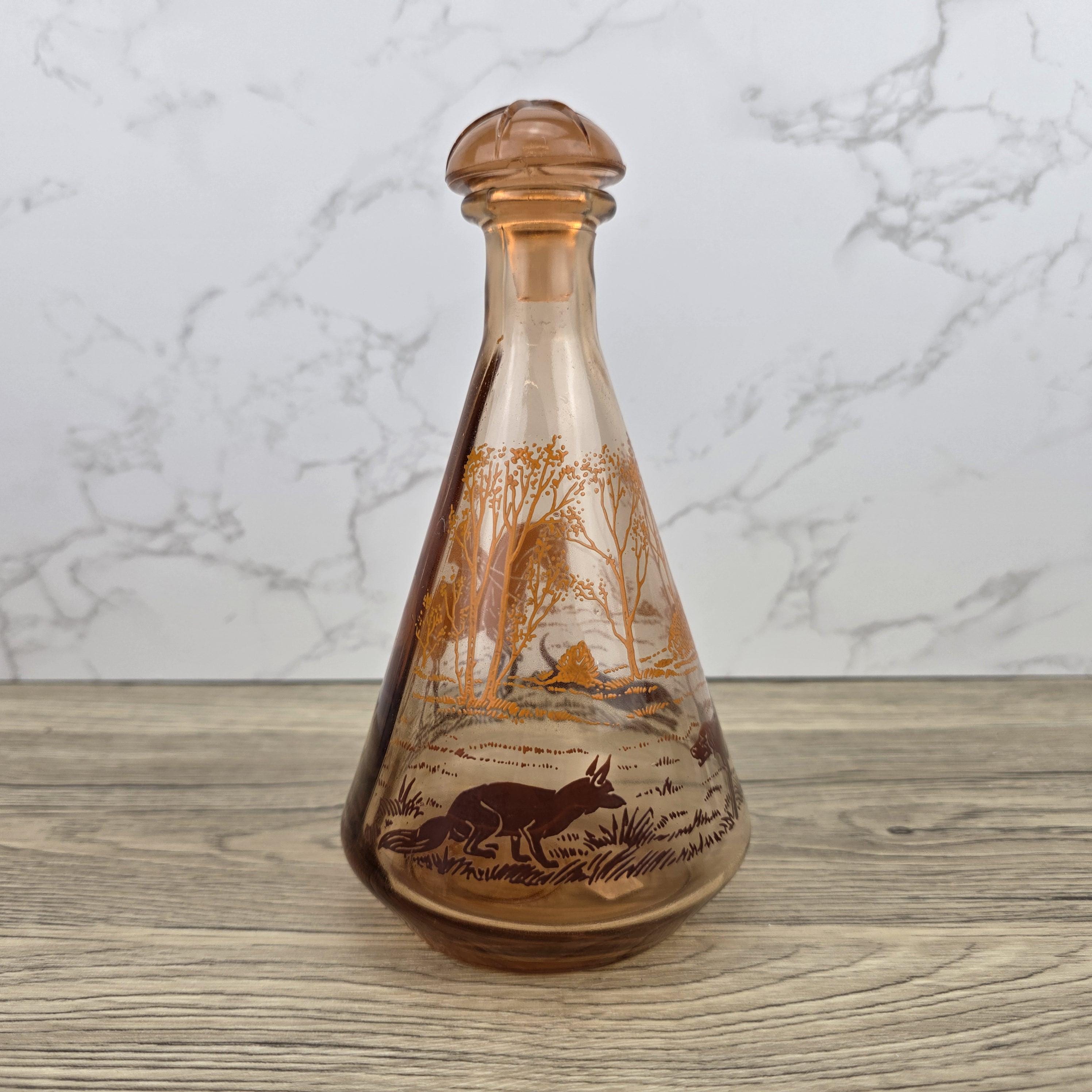Vintage Amber Glass Decanter with Stopper | Fox Hunting Scene | Mid Century Bar Display Bottle