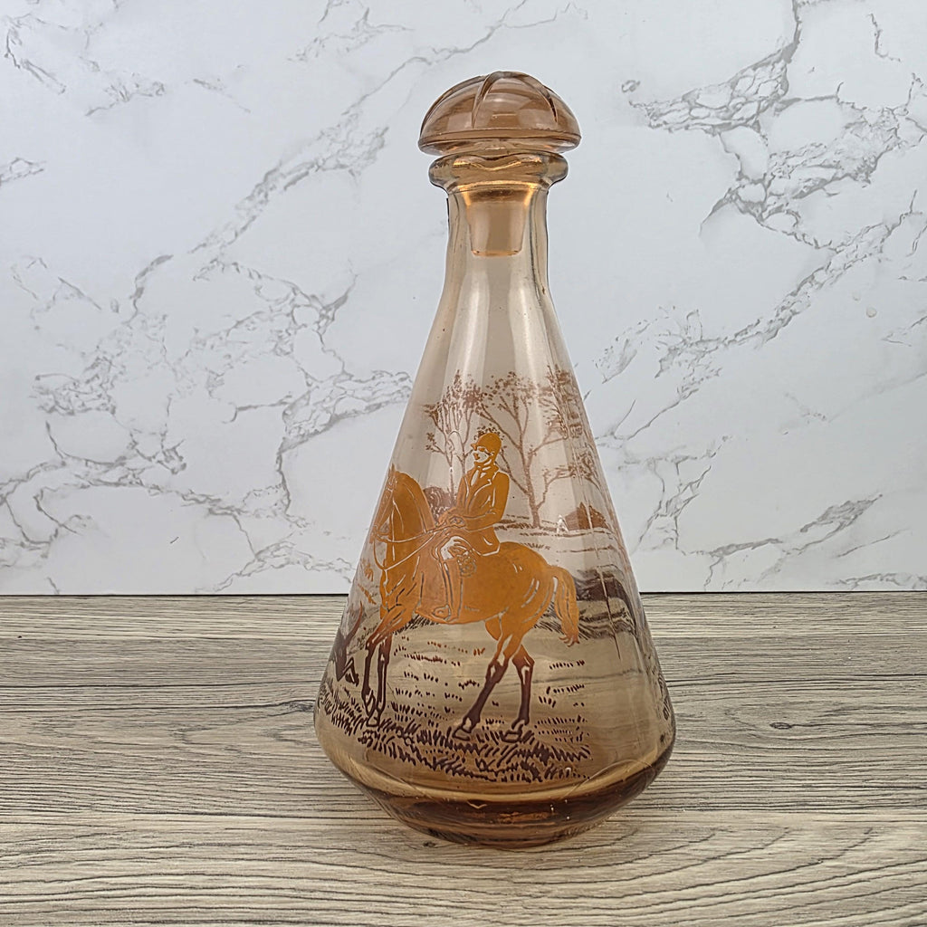 Vintage Amber Glass Decanter with Stopper | Fox Hunting Scene | Mid Century Bar Display Bottle