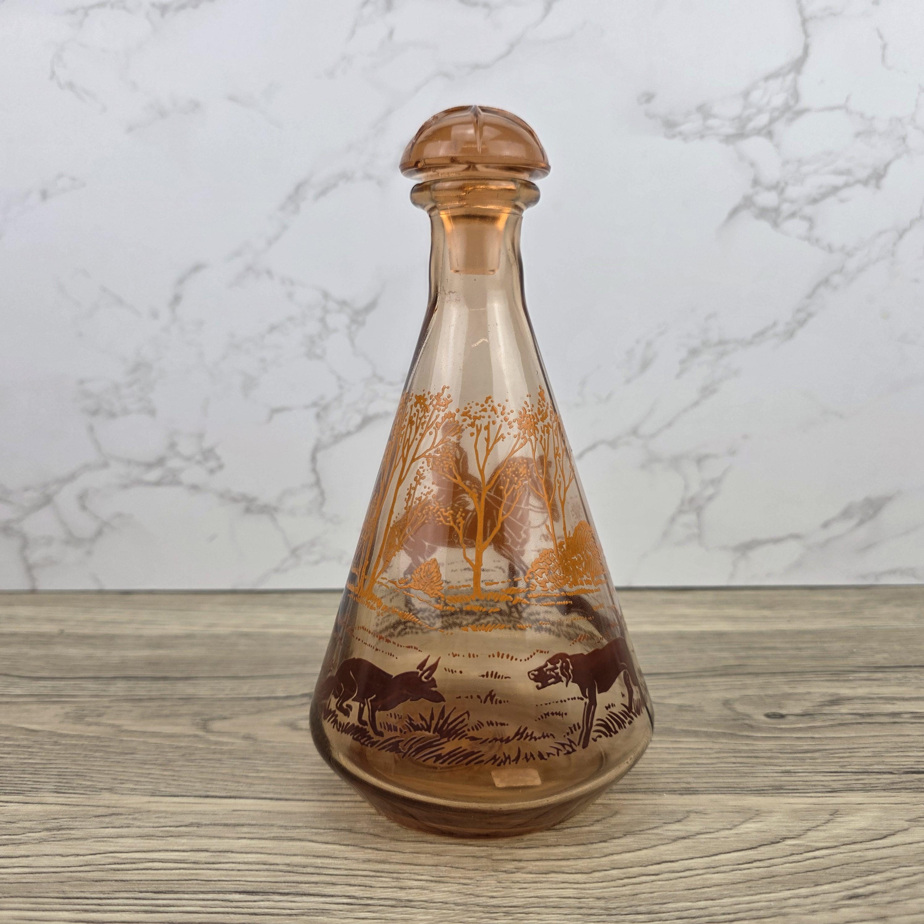 Vintage Amber Glass Decanter with Stopper | Fox Hunting Scene | Mid Century Bar Display Bottle