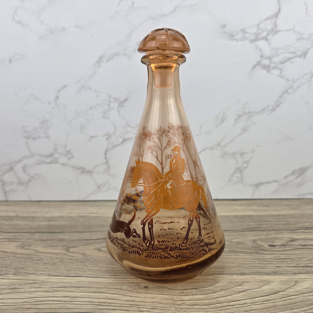 Vintage Amber Glass Decanter with Stopper | Fox Hunting Scene | Mid Century Bar Display Bottle