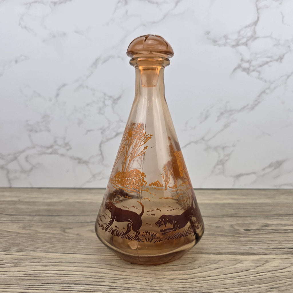 Vintage Amber Glass Decanter with Stopper | Fox Hunting Scene | Mid Century Bar Display Bottle