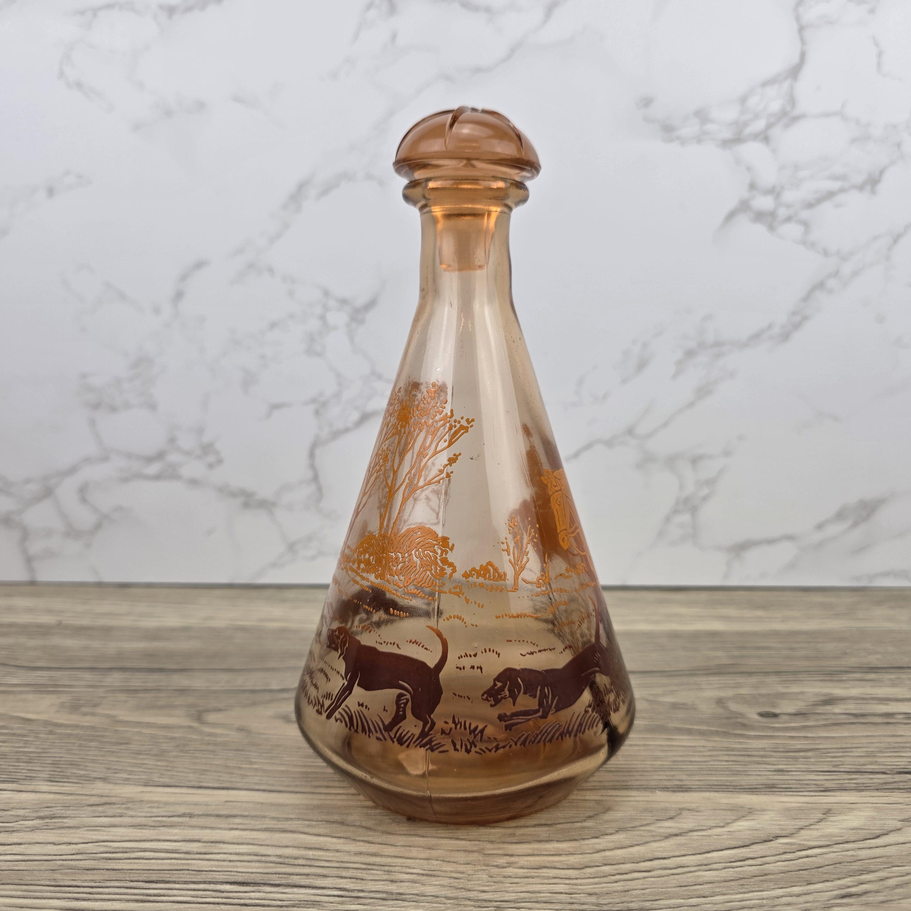 Vintage Amber Glass Decanter with Stopper | Fox Hunting Scene | Mid Century Bar Display Bottle