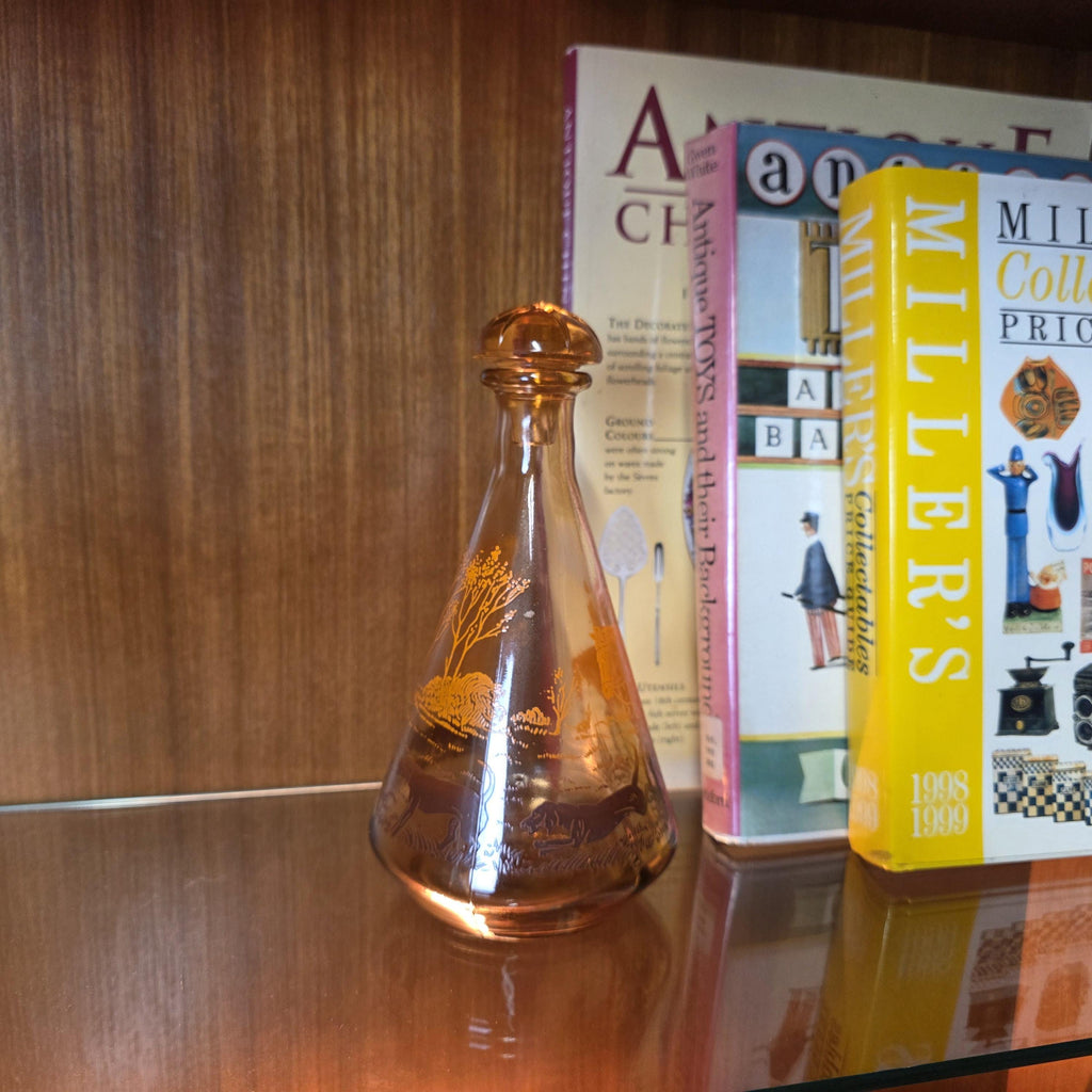 Vintage Amber Glass Decanter with Stopper | Fox Hunting Scene | Mid Century Bar Display Bottle