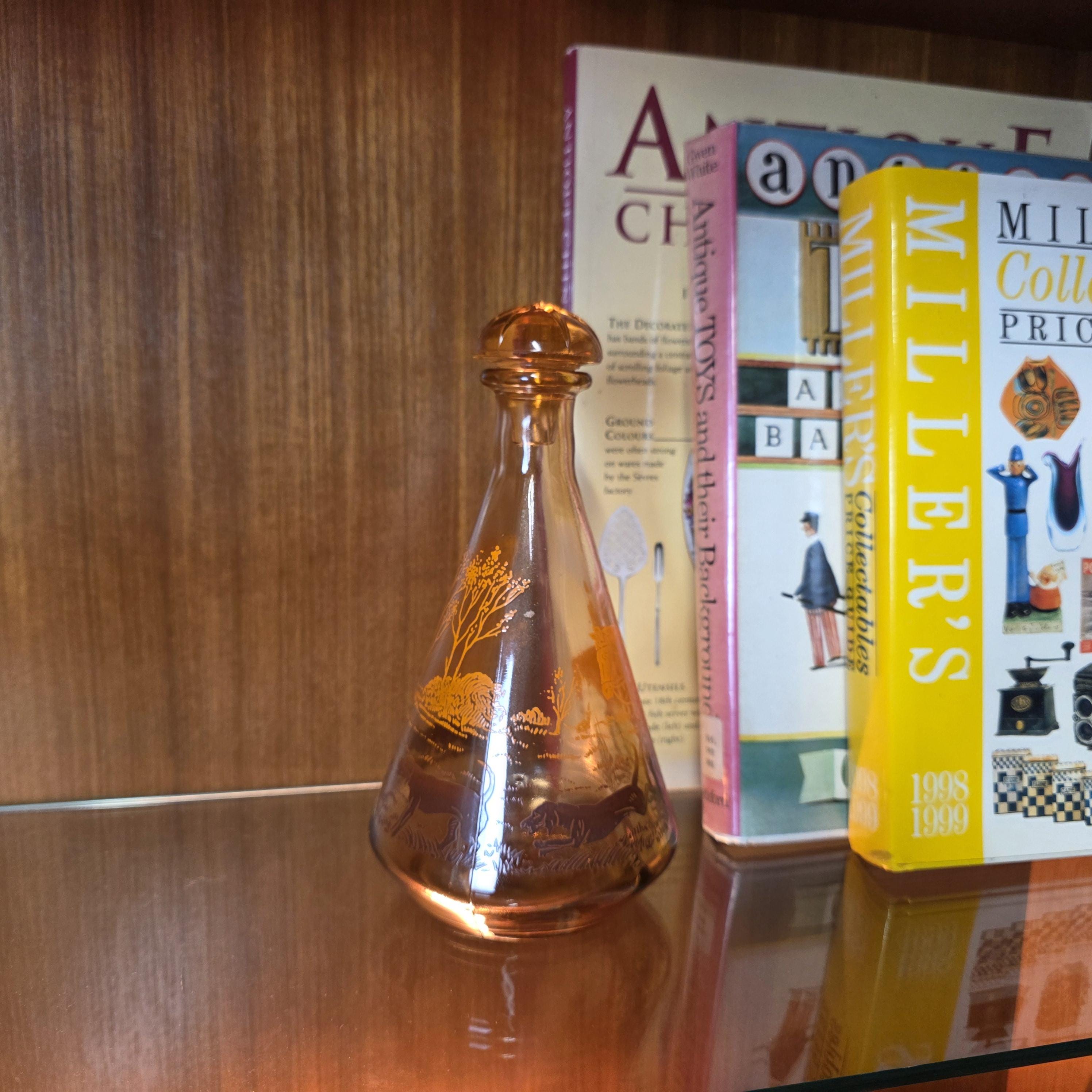 Vintage Amber Glass Decanter with Stopper | Fox Hunting Scene | Mid Century Bar Display Bottle