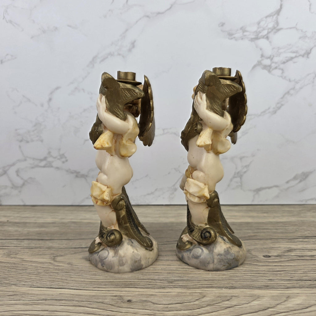 Italian Cherub Candle Holders Pair Model 5043 | Made in Italy | Vintage Resin Putti Candlesticks