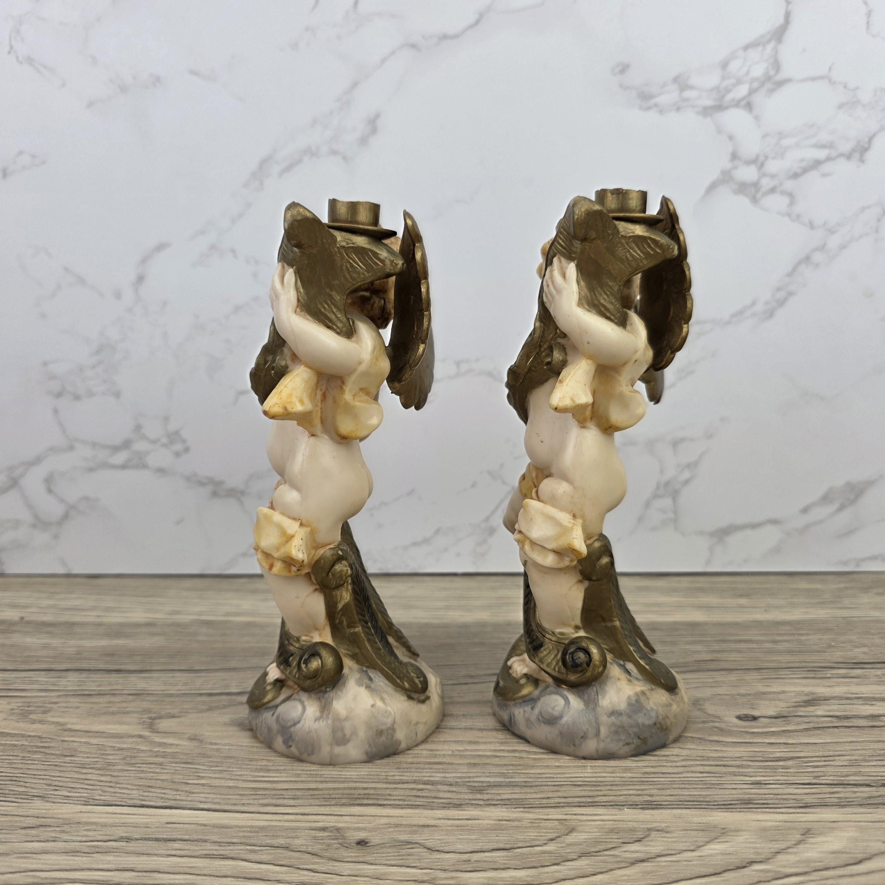 Italian Cherub Candle Holders Pair Model 5043 | Made in Italy | Vintage Resin Putti Candlesticks