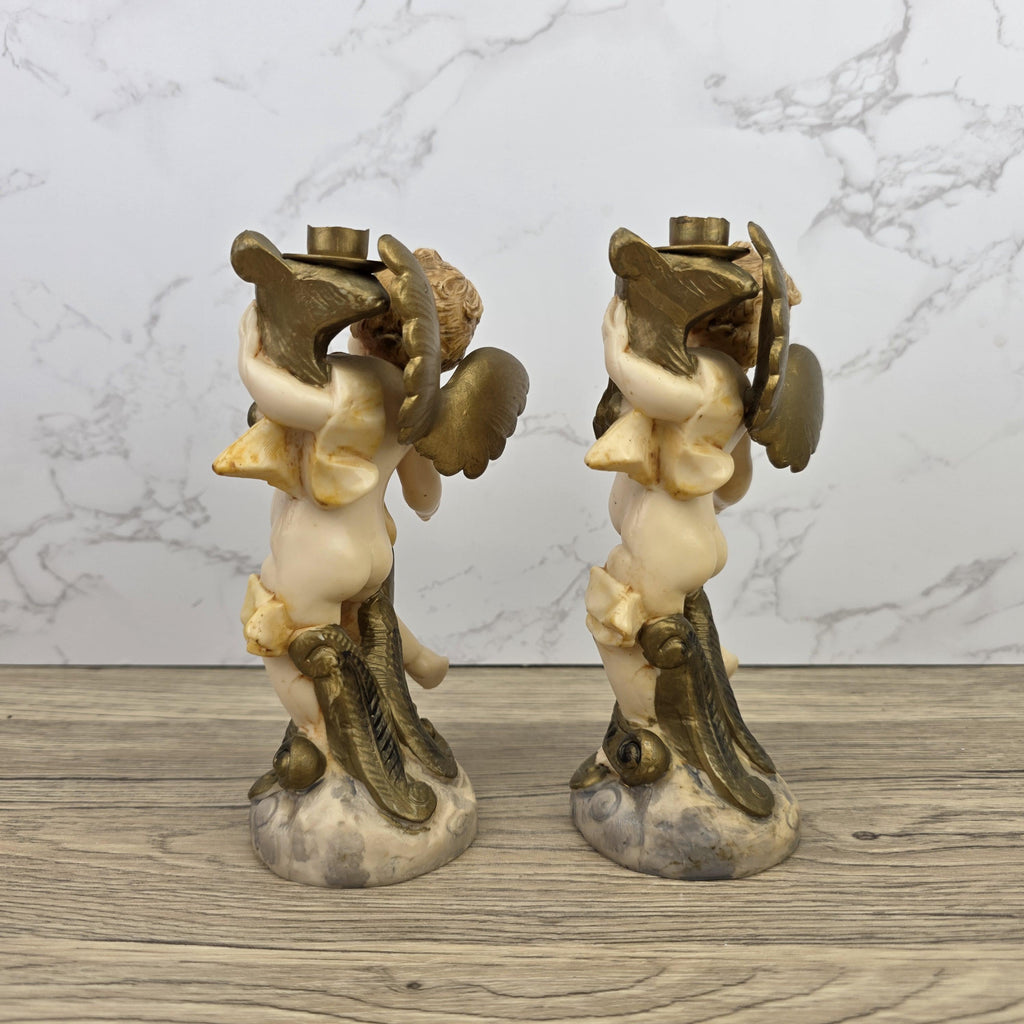 Italian Cherub Candle Holders Pair Model 5043 | Made in Italy | Vintage Resin Putti Candlesticks