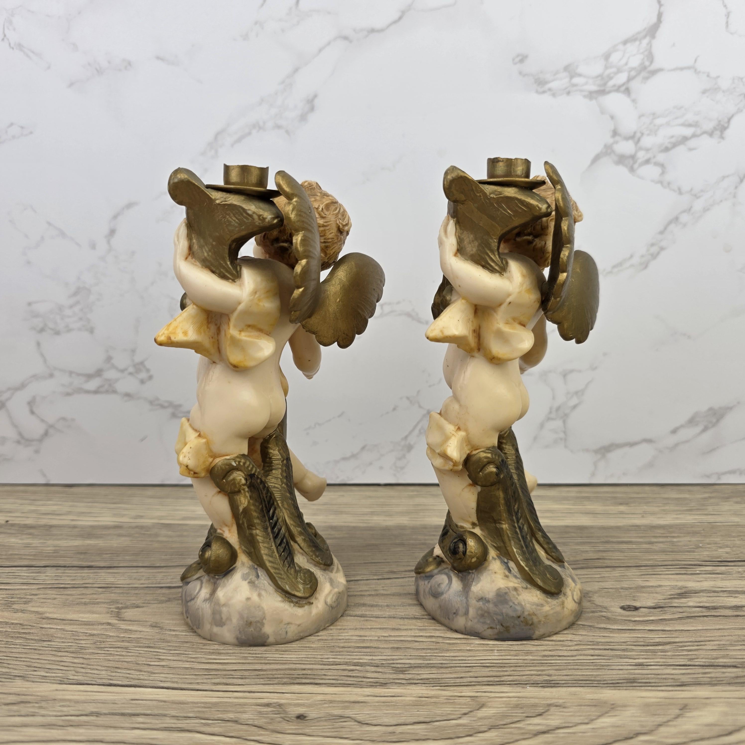 Italian Cherub Candle Holders Pair Model 5043 | Made in Italy | Vintage Resin Putti Candlesticks