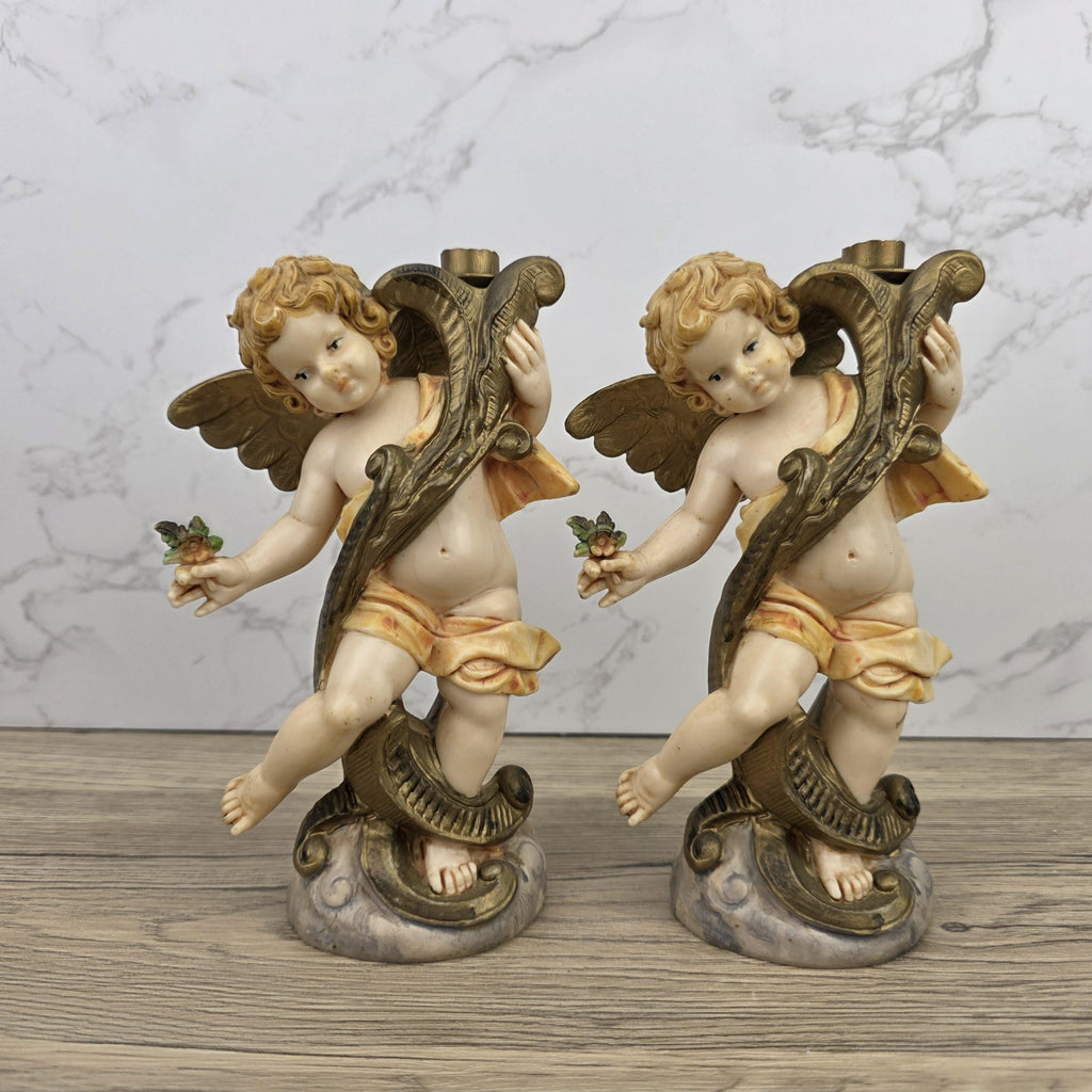 Italian Cherub Candle Holders Pair Model 5043 | Made in Italy | Vintage Resin Putti Candlesticks