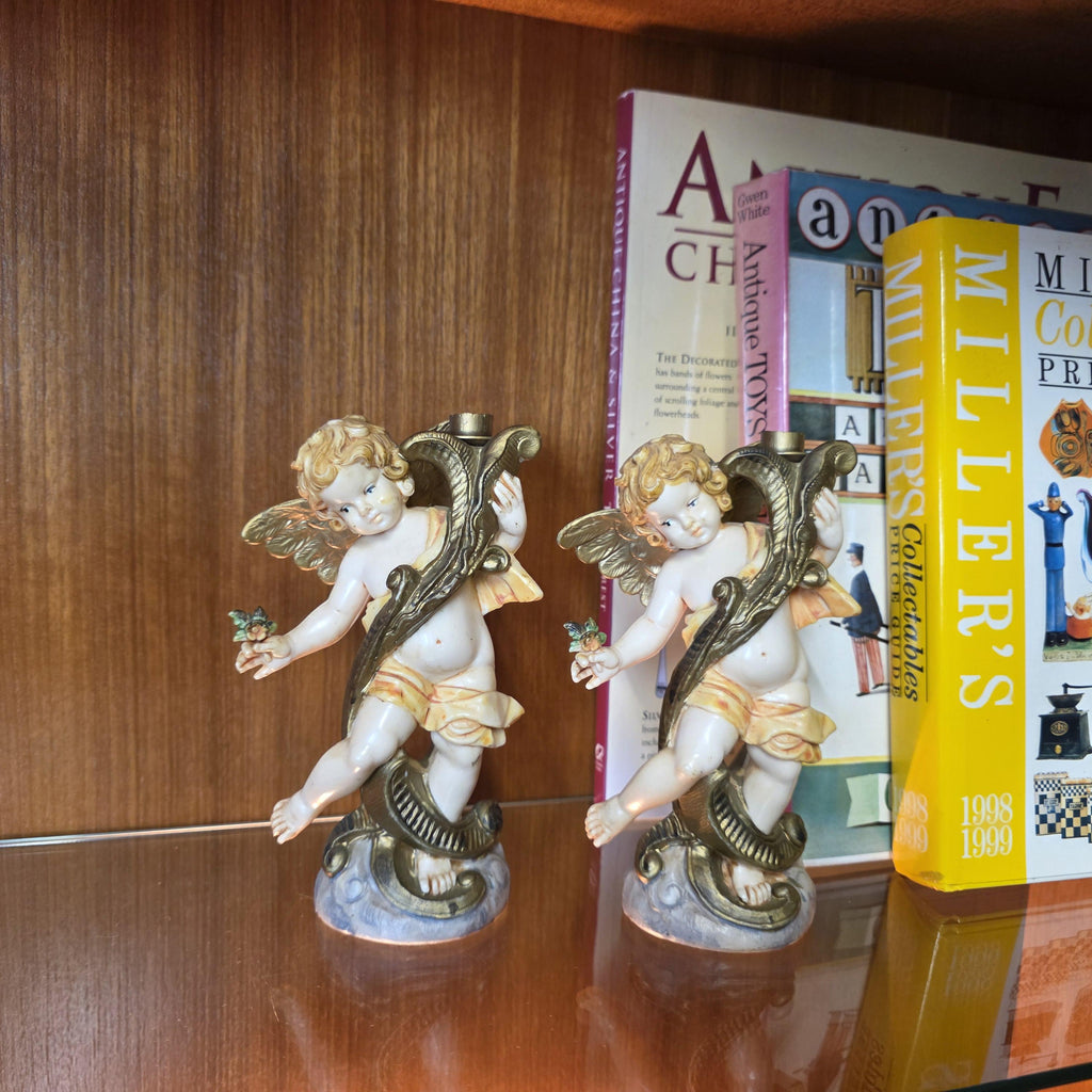 Italian Cherub Candle Holders Pair Model 5043 | Made in Italy | Vintage Resin Putti Candlesticks