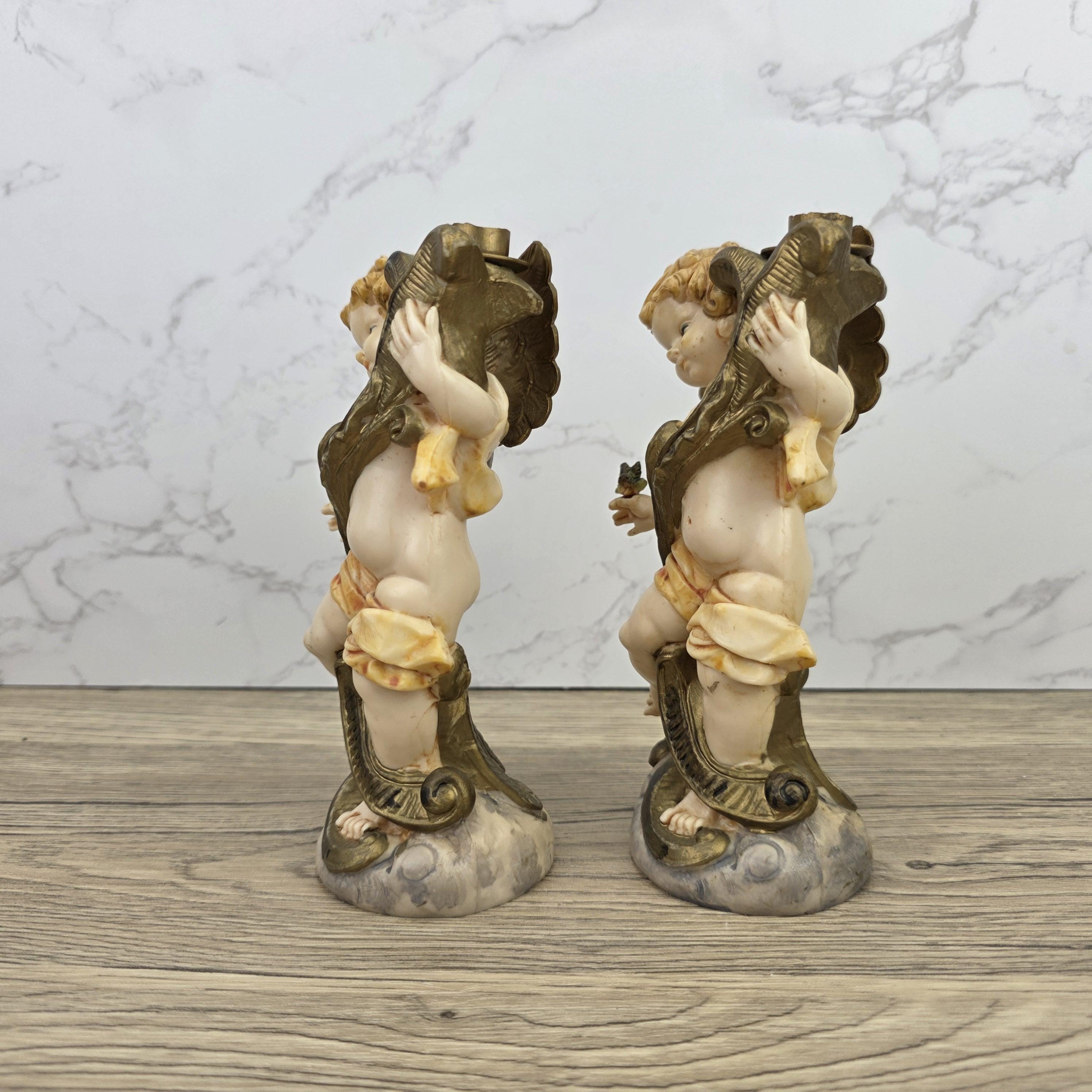 Italian Cherub Candle Holders Pair Model 5043 | Made in Italy | Vintage Resin Putti Candlesticks