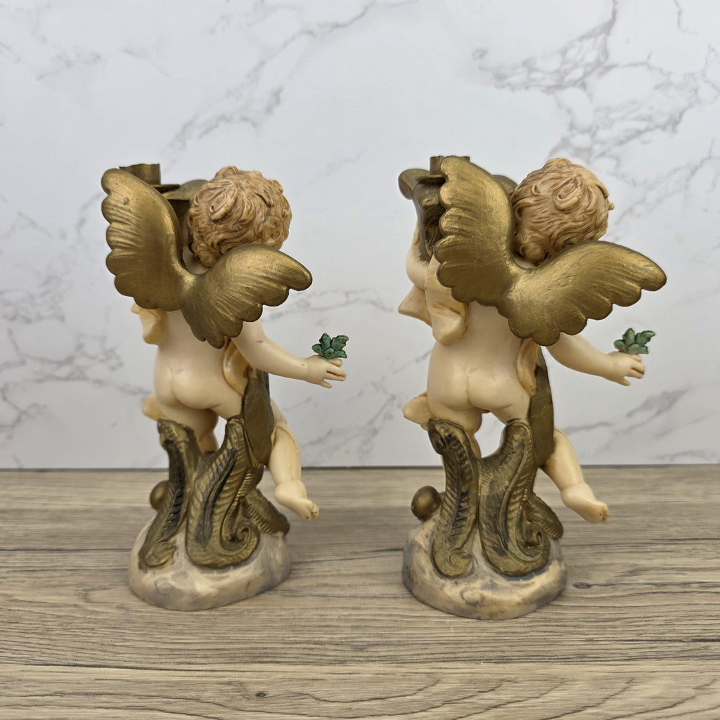 Italian Cherub Candle Holders Pair Model 5043 | Made in Italy | Vintage Resin Putti Candlesticks