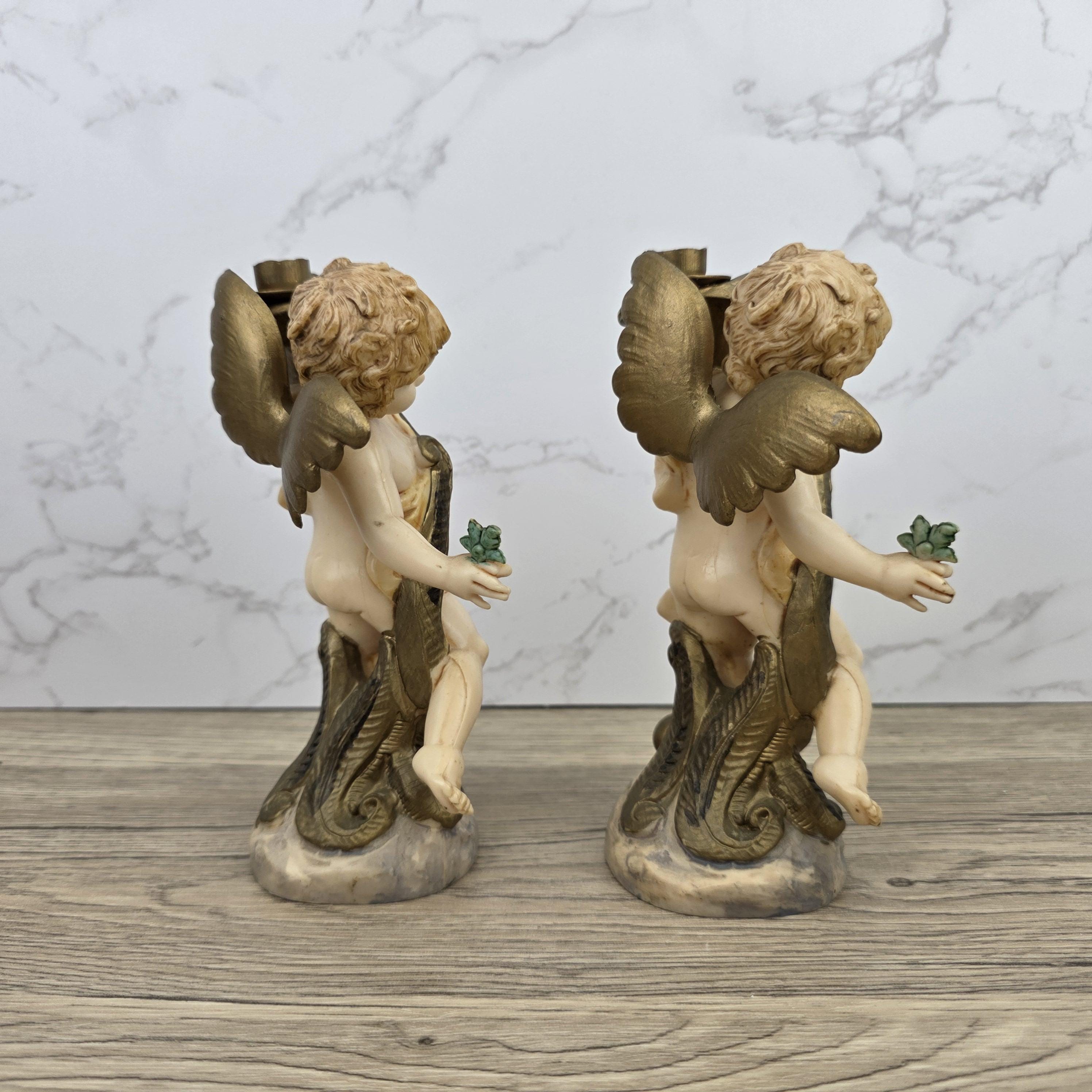 Italian Cherub Candle Holders Pair Model 5043 | Made in Italy | Vintage Resin Putti Candlesticks