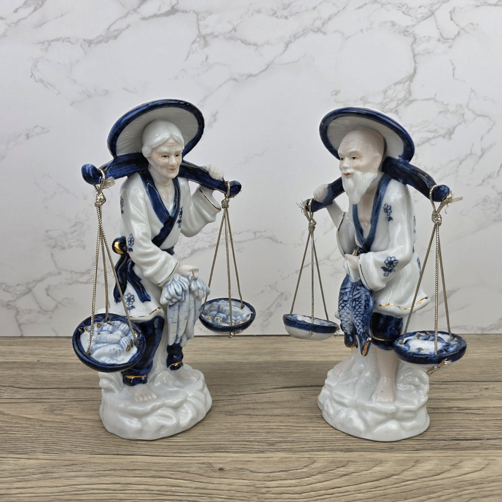 Japanese Fisherman Porcelain Figurine Pair | Blue White Ceramic Statues | Vintage Asian Market Decor