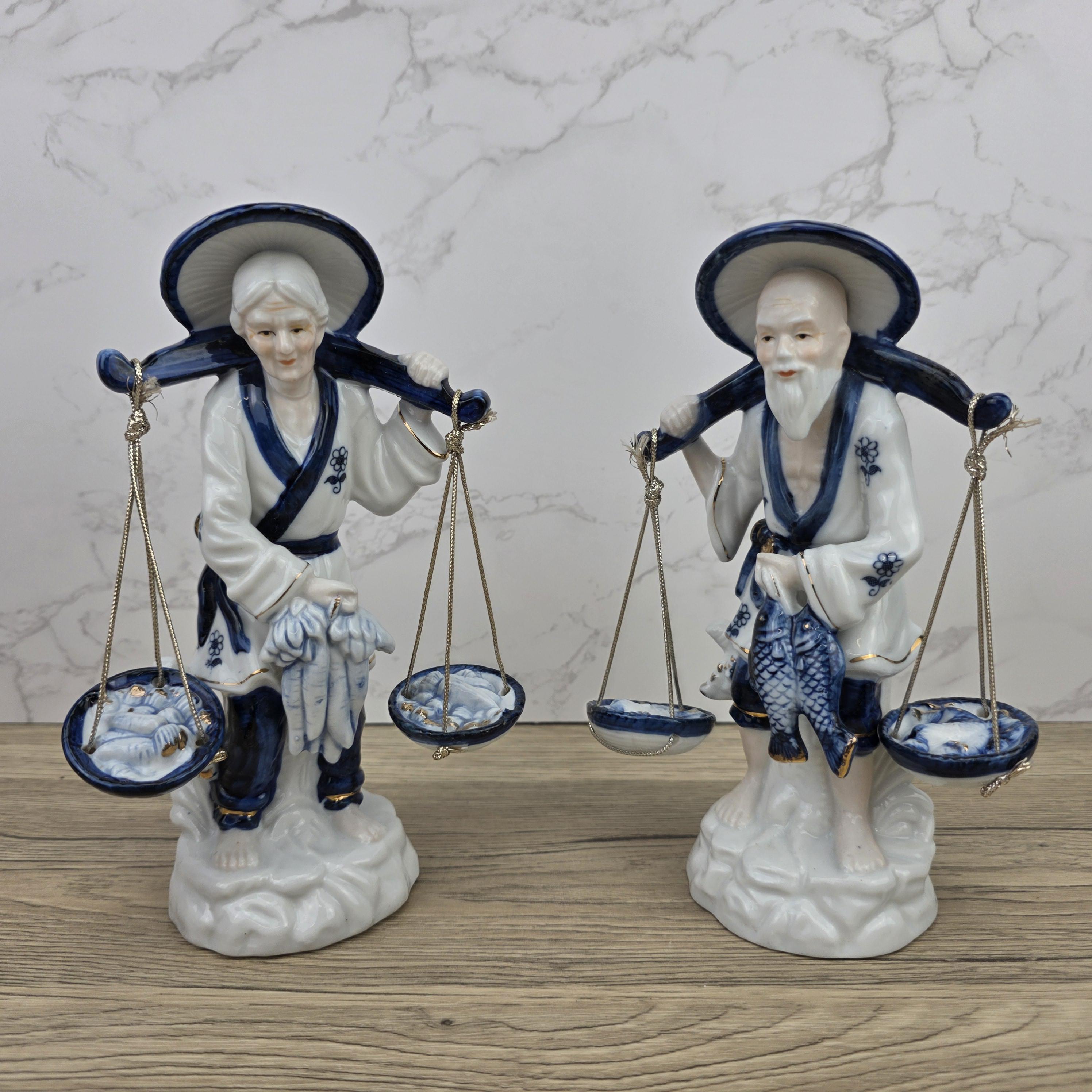 Japanese Fisherman Porcelain Figurine Pair | Blue White Ceramic Statues | Vintage Asian Market Decor