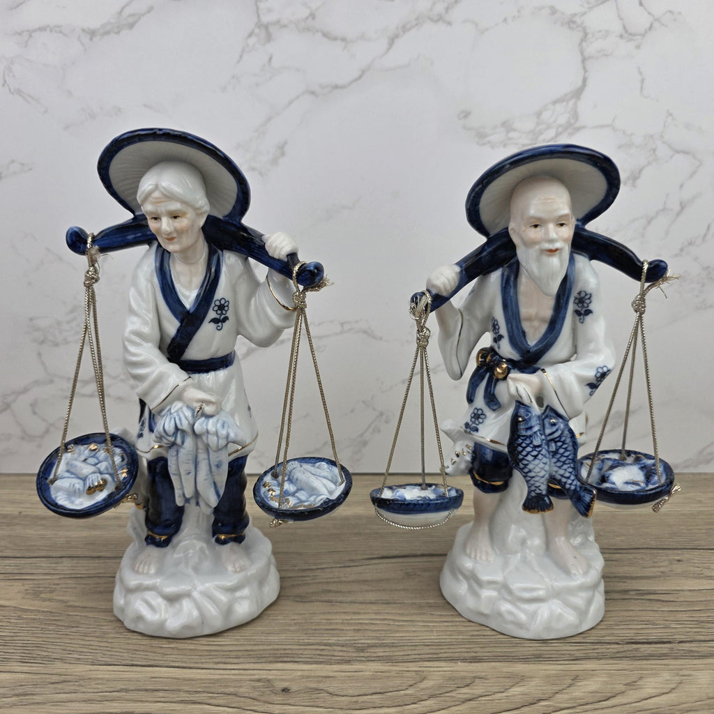 Japanese Fisherman Porcelain Figurine Pair | Blue White Ceramic Statues | Vintage Asian Market Decor