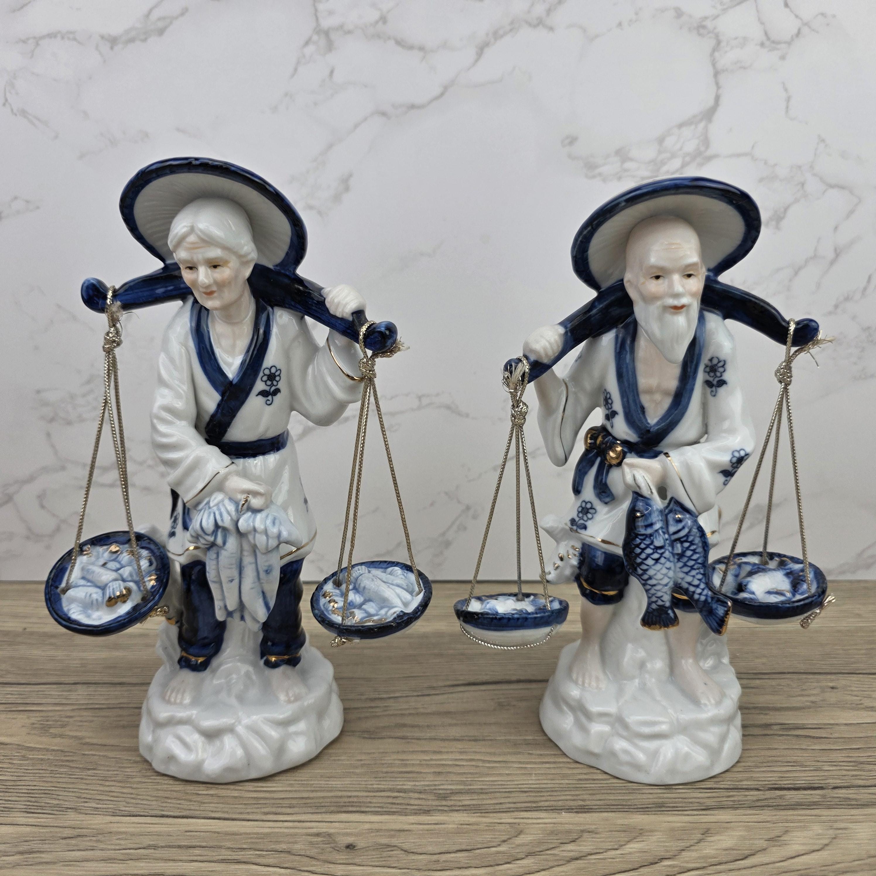 Japanese Fisherman Porcelain Figurine Pair | Blue White Ceramic Statues | Vintage Asian Market Decor