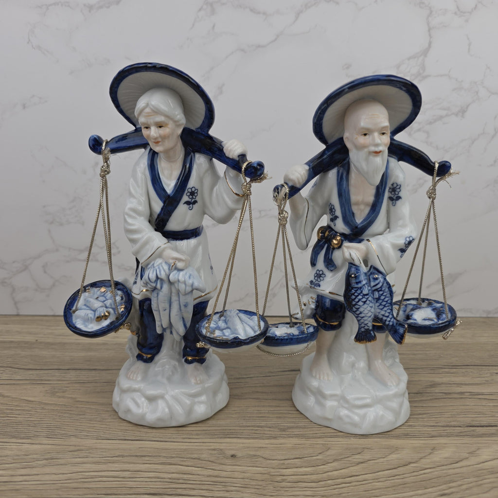 Japanese Fisherman Porcelain Figurine Pair | Blue White Ceramic Statues | Vintage Asian Market Decor