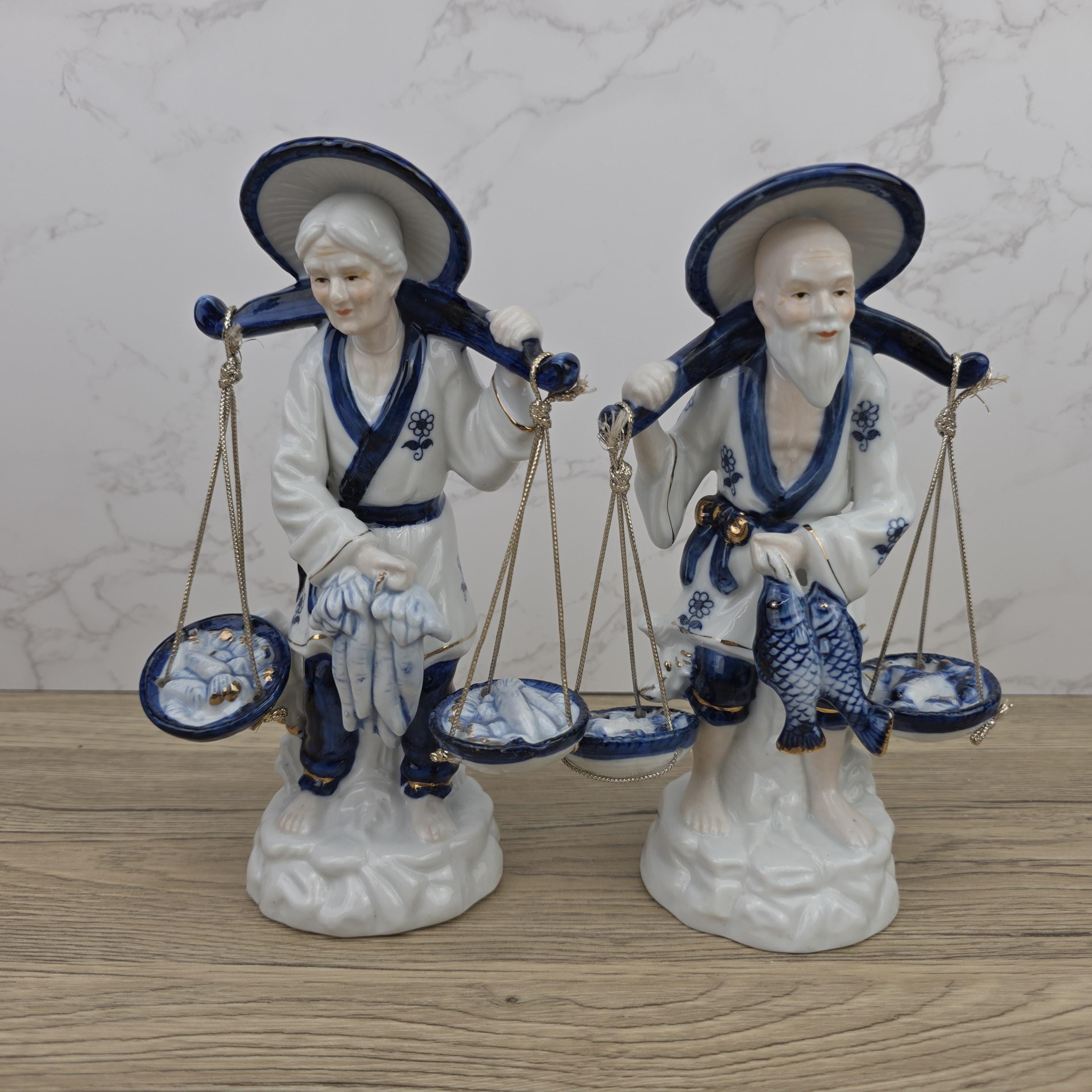 Japanese Fisherman Porcelain Figurine Pair | Blue White Ceramic Statues | Vintage Asian Market Decor
