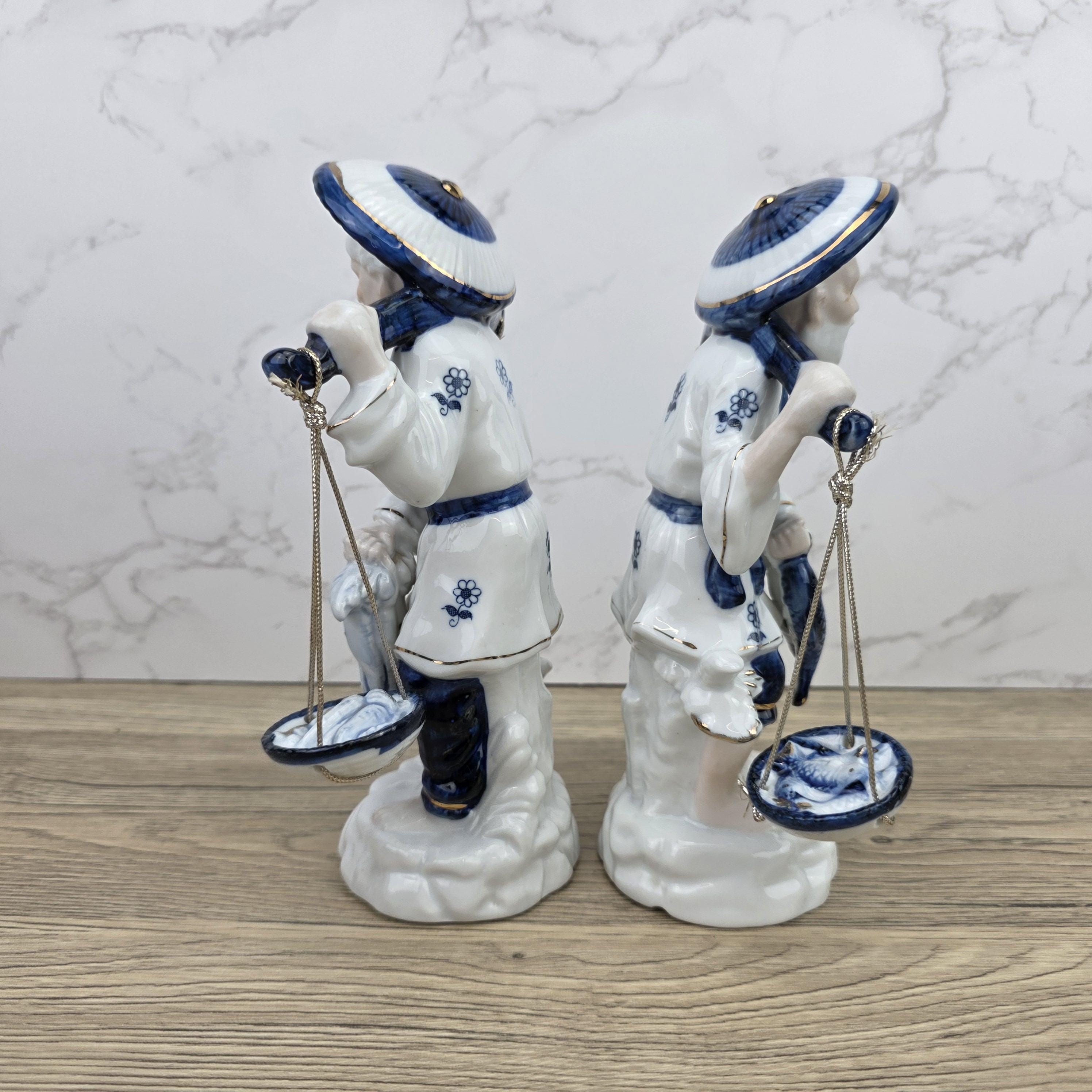 Japanese Fisherman Porcelain Figurine Pair | Blue White Ceramic Statues | Vintage Asian Market Decor