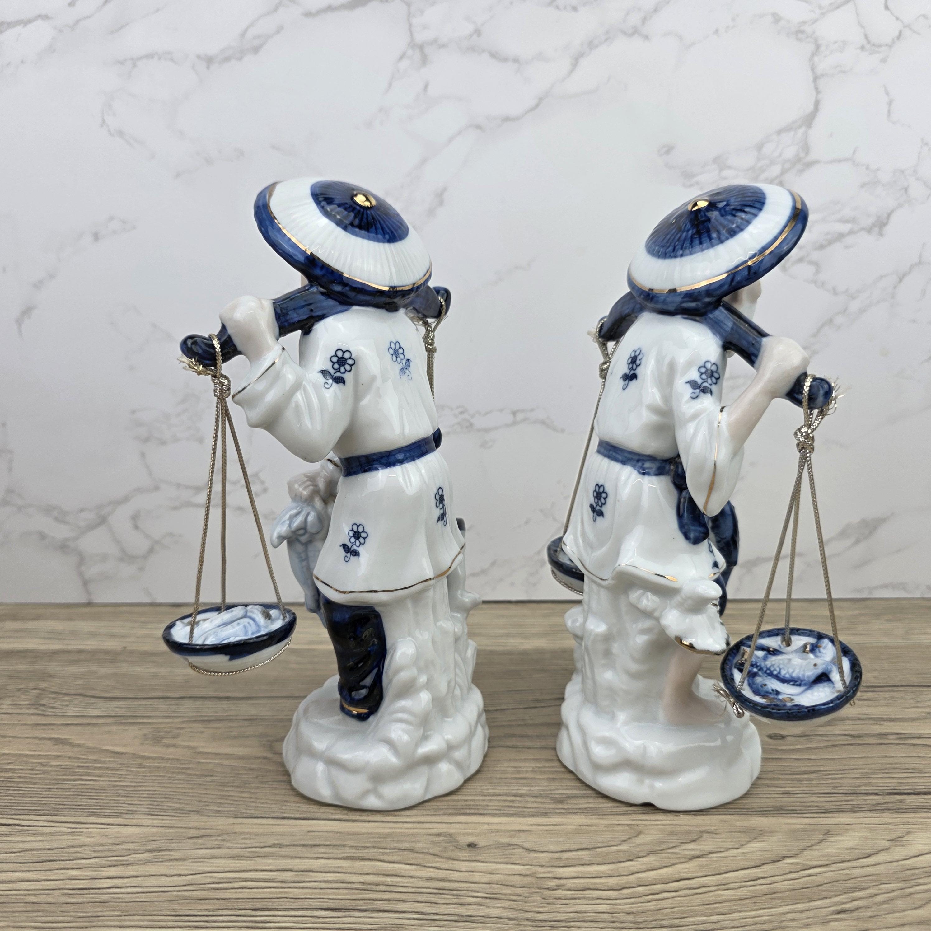 Japanese Fisherman Porcelain Figurine Pair | Blue White Ceramic Statues | Vintage Asian Market Decor