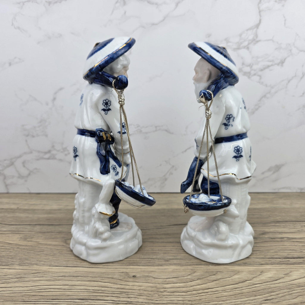 Japanese Fisherman Porcelain Figurine Pair | Blue White Ceramic Statues | Vintage Asian Market Decor