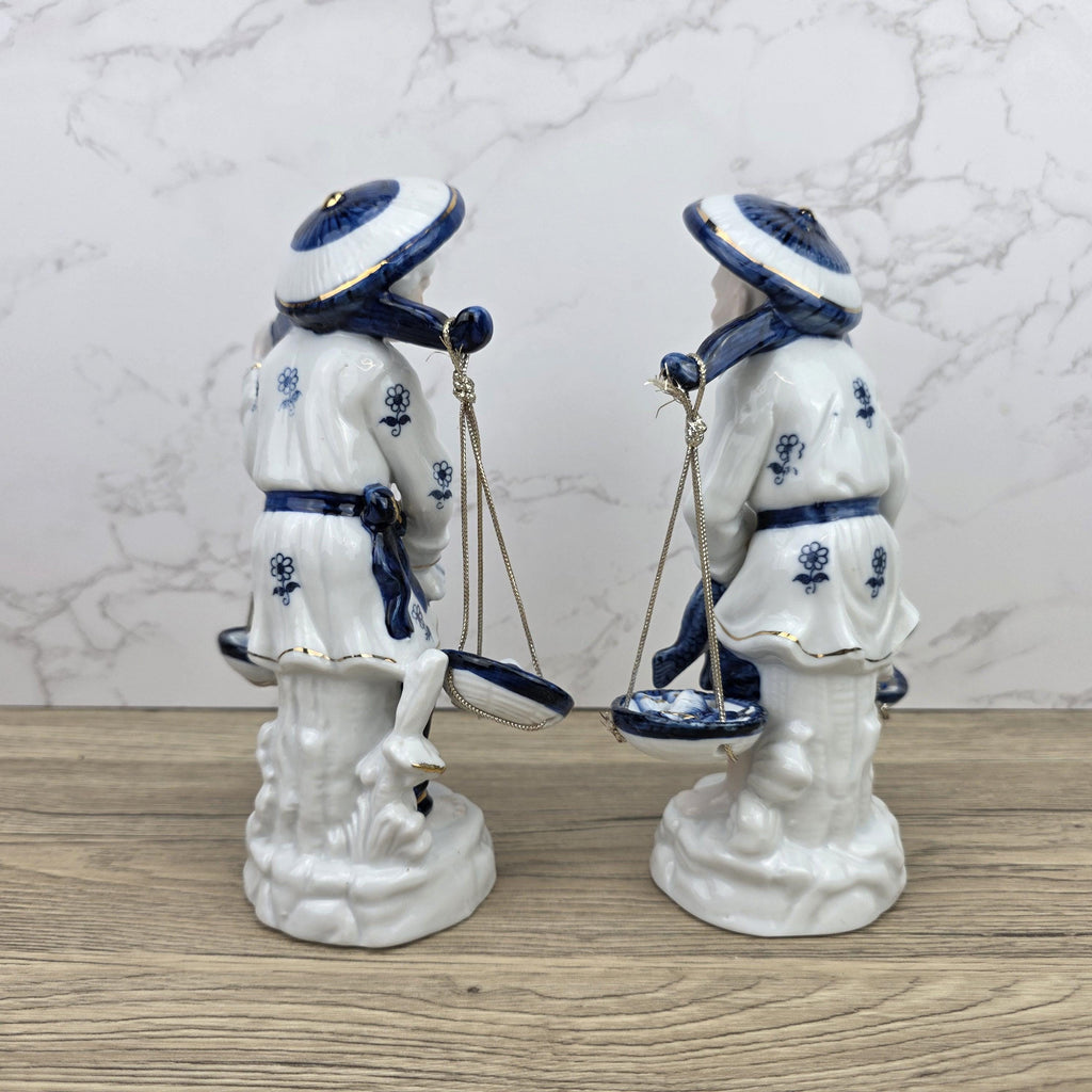 Japanese Fisherman Porcelain Figurine Pair | Blue White Ceramic Statues | Vintage Asian Market Decor