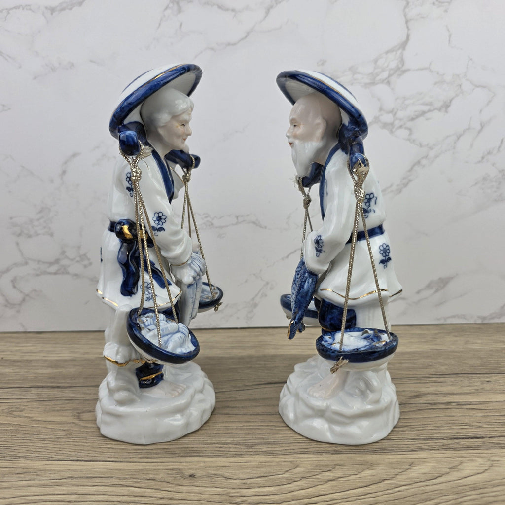 Japanese Fisherman Porcelain Figurine Pair | Blue White Ceramic Statues | Vintage Asian Market Decor