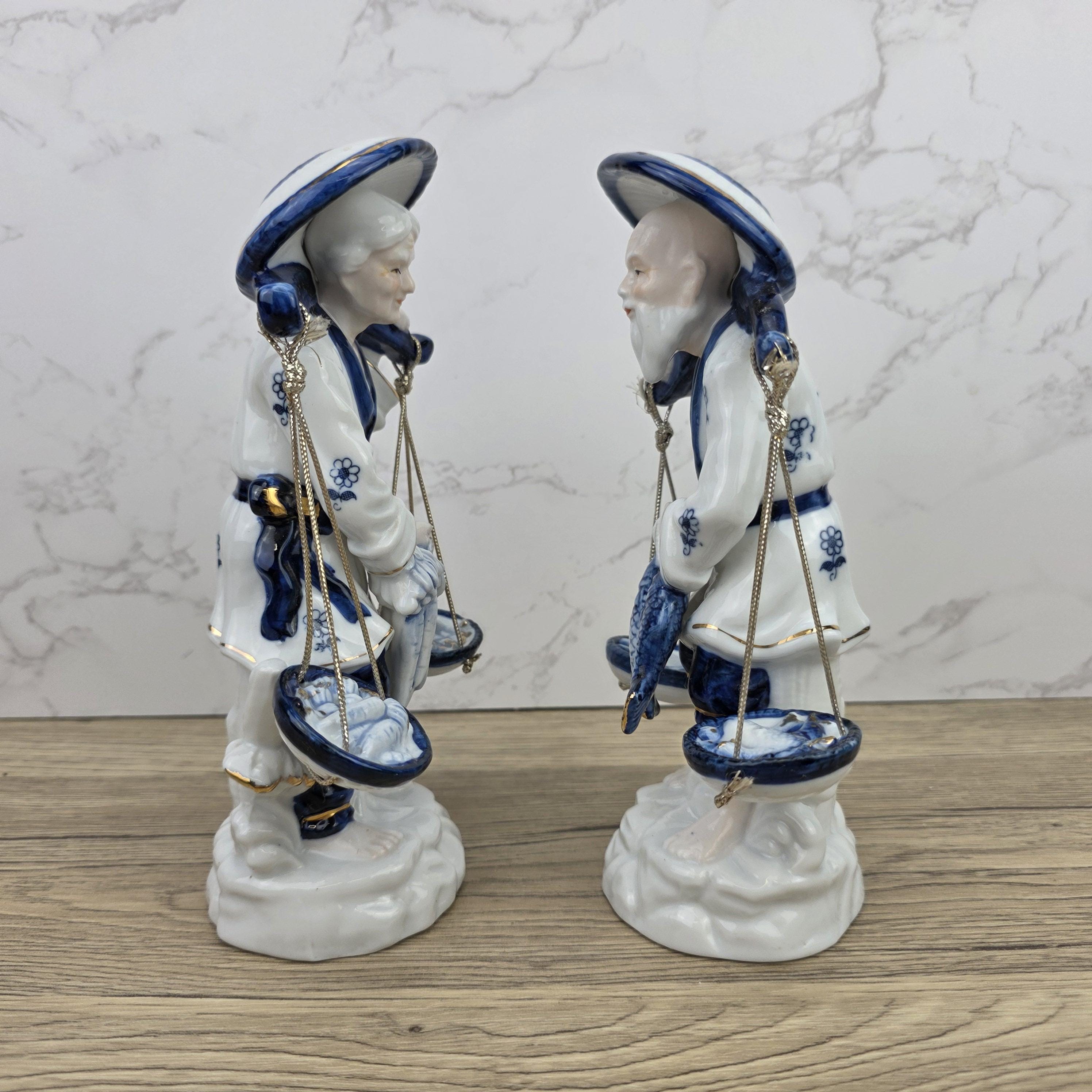 Japanese Fisherman Porcelain Figurine Pair | Blue White Ceramic Statues | Vintage Asian Market Decor