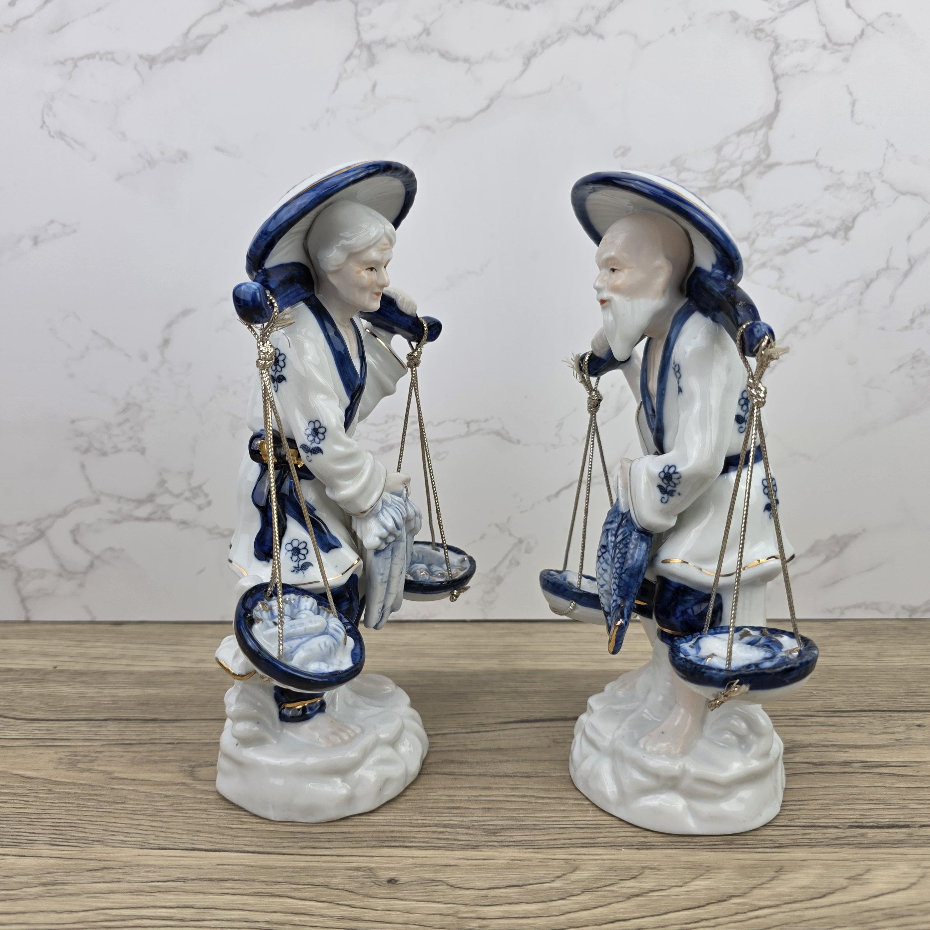 Japanese Fisherman Porcelain Figurine Pair | Blue White Ceramic Statues | Vintage Asian Market Decor