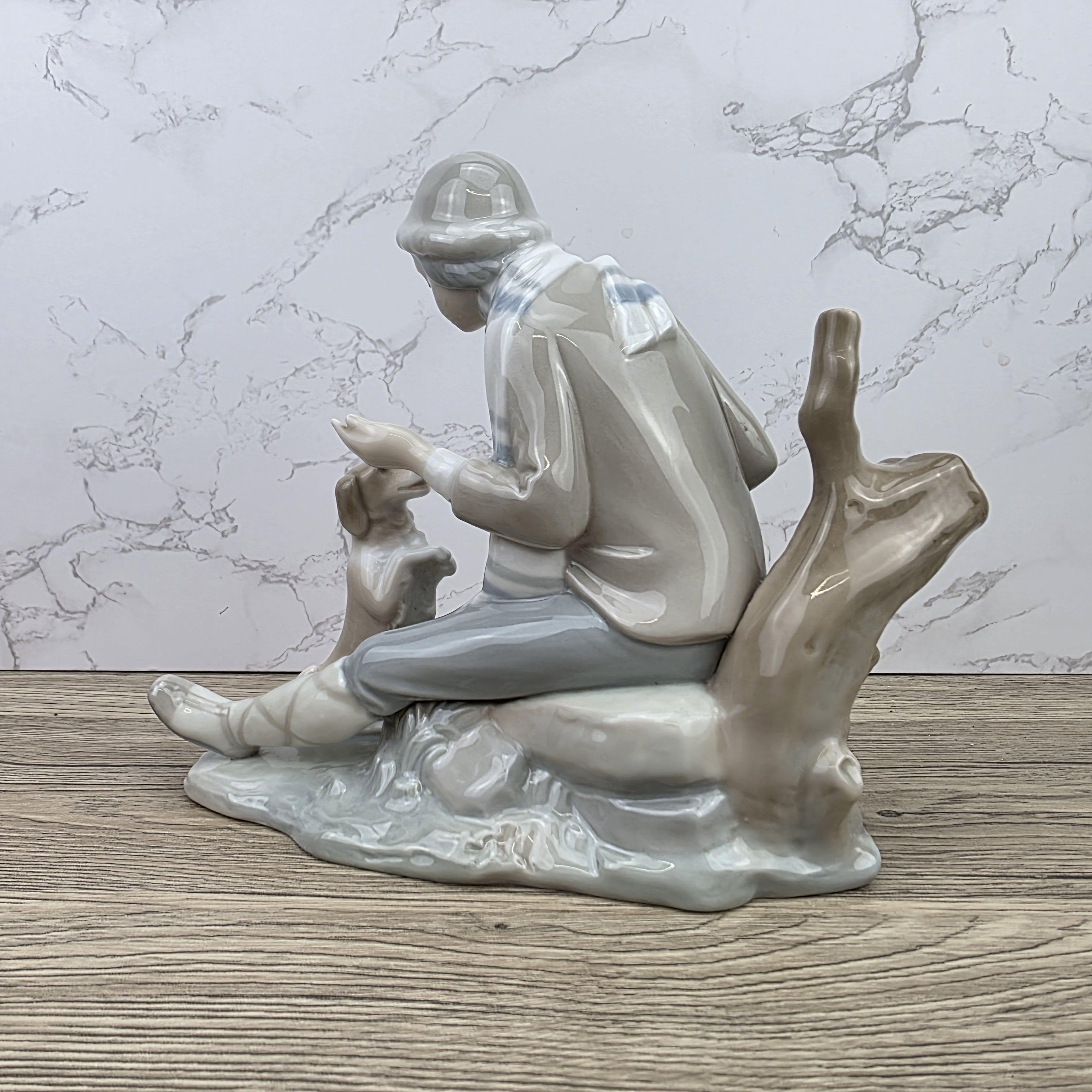 Porcelain Boy and Dog Figurine | Vintage Spanish Style Ceramic Sculpture | Collectible Animal Scene Decor