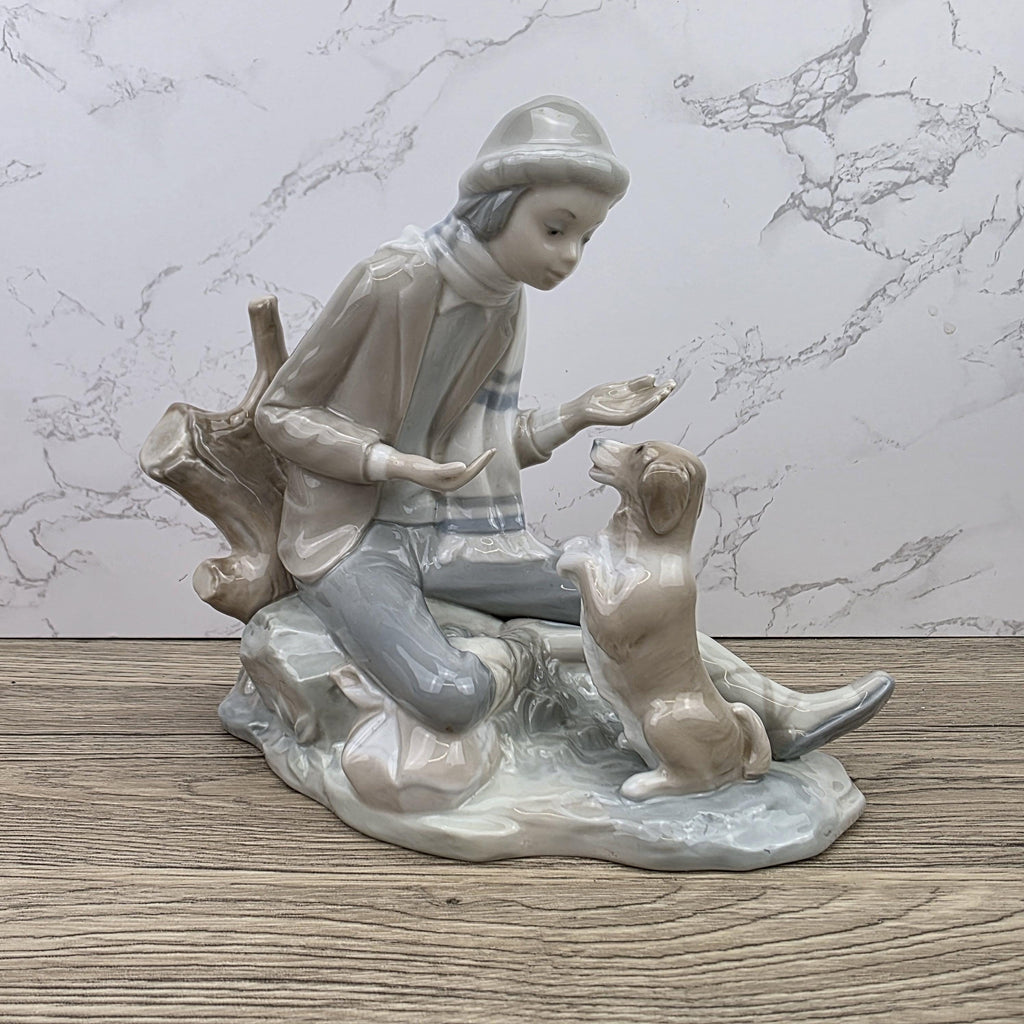 Porcelain Boy and Dog Figurine | Vintage Spanish Style Ceramic Sculpture | Collectible Animal Scene Decor