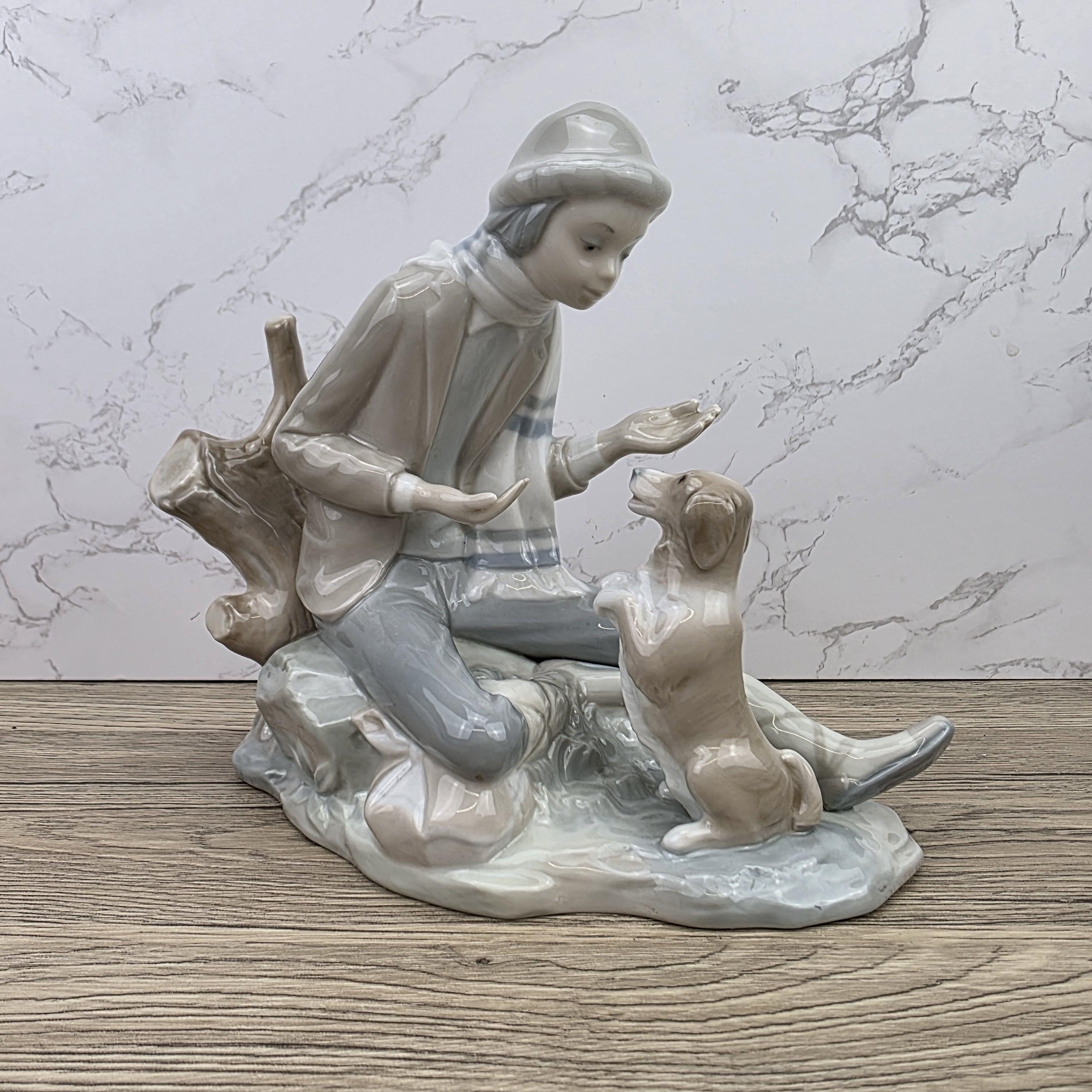 Porcelain Boy and Dog Figurine | Vintage Spanish Style Ceramic Sculpture | Collectible Animal Scene Decor