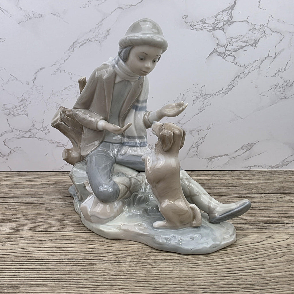 Porcelain Boy and Dog Figurine | Vintage Spanish Style Ceramic Sculpture | Collectible Animal Scene Decor