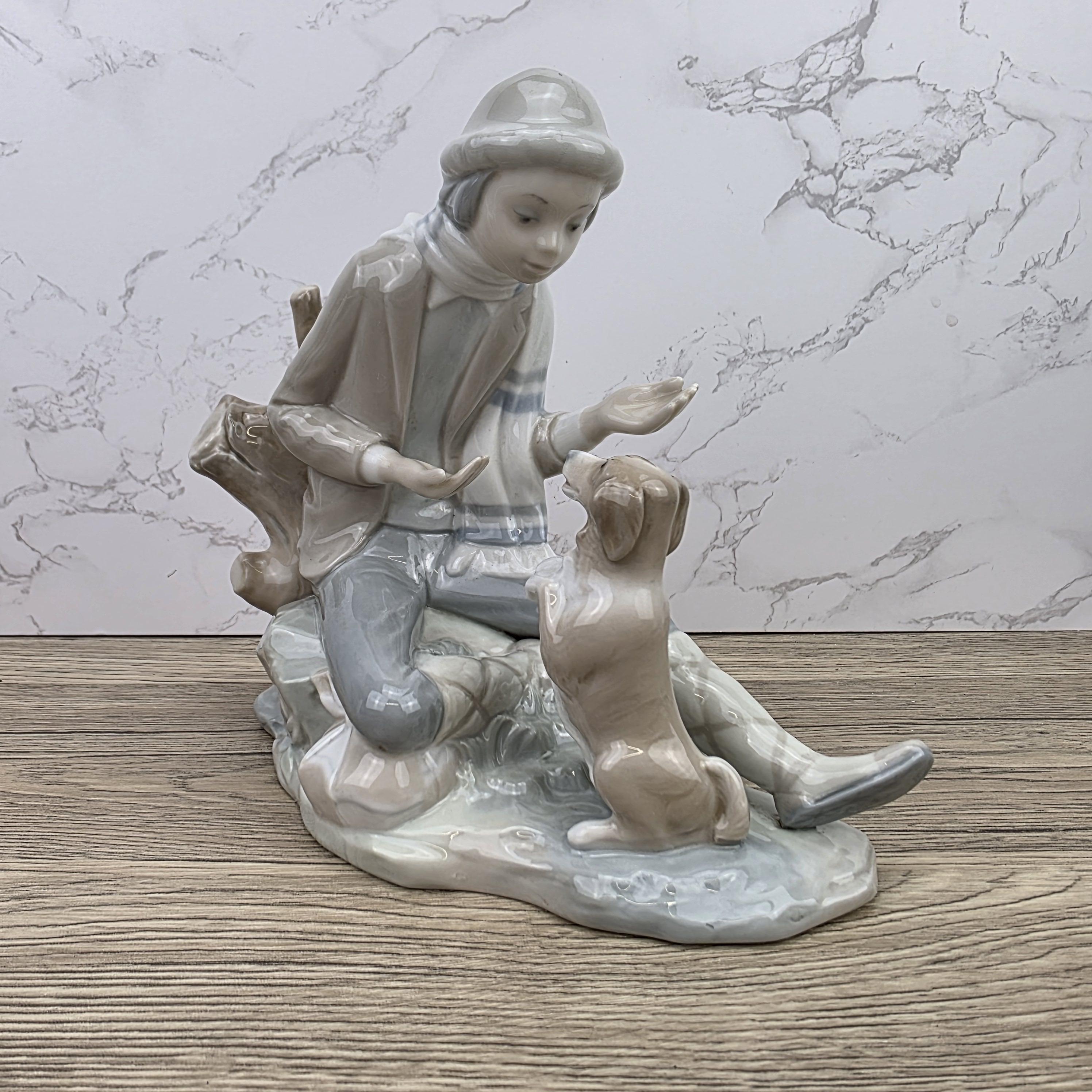 Porcelain Boy and Dog Figurine | Vintage Spanish Style Ceramic Sculpture | Collectible Animal Scene Decor