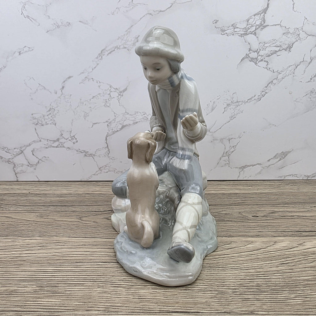 Porcelain Boy and Dog Figurine | Vintage Spanish Style Ceramic Sculpture | Collectible Animal Scene Decor