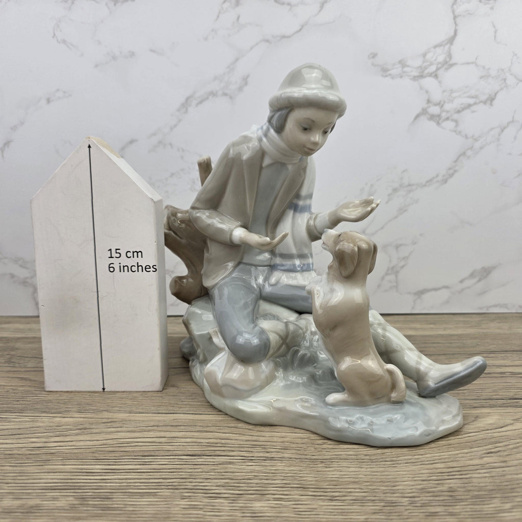 Porcelain Boy and Dog Figurine | Vintage Spanish Style Ceramic Sculpture | Collectible Animal Scene Decor
