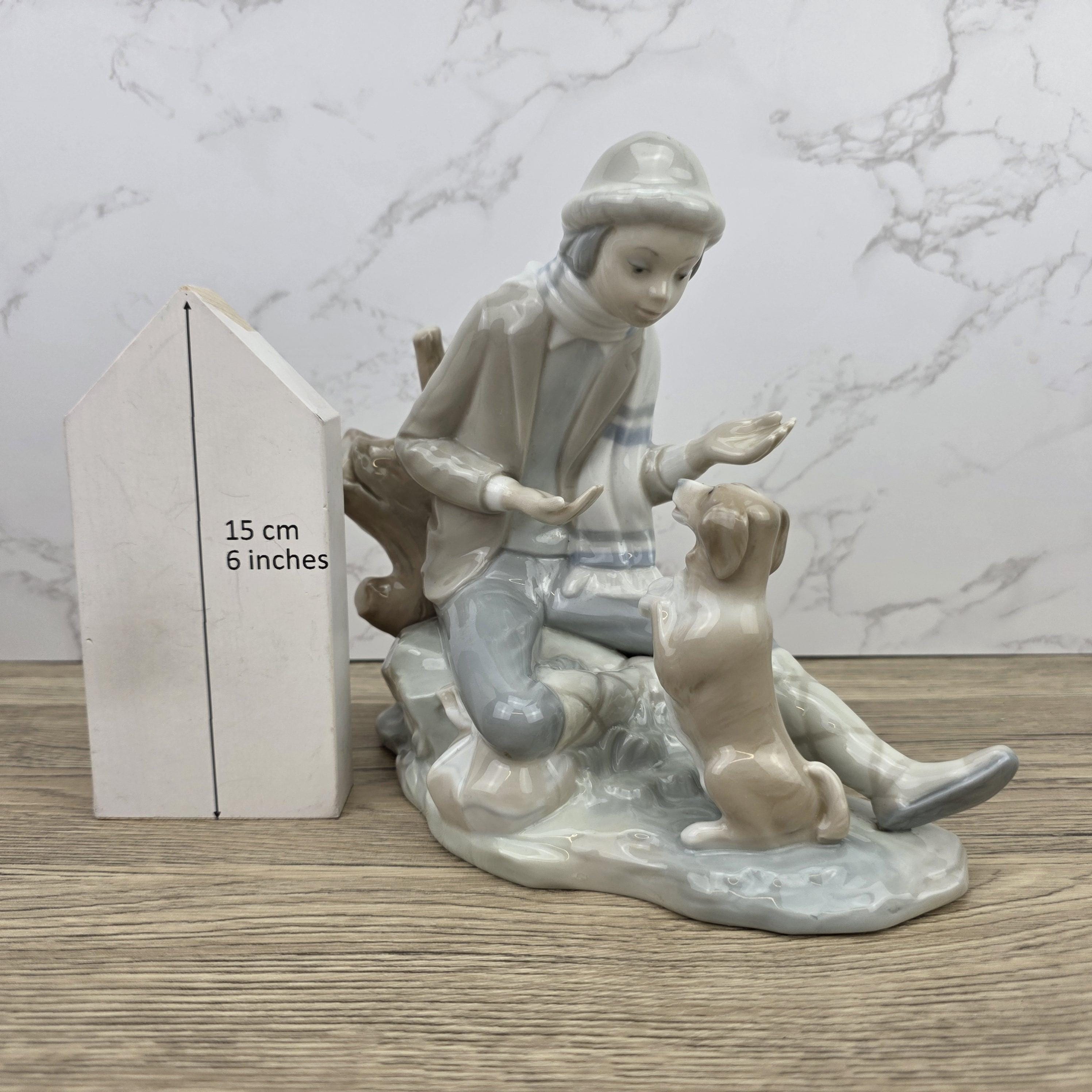 Porcelain Boy and Dog Figurine | Vintage Spanish Style Ceramic Sculpture | Collectible Animal Scene Decor